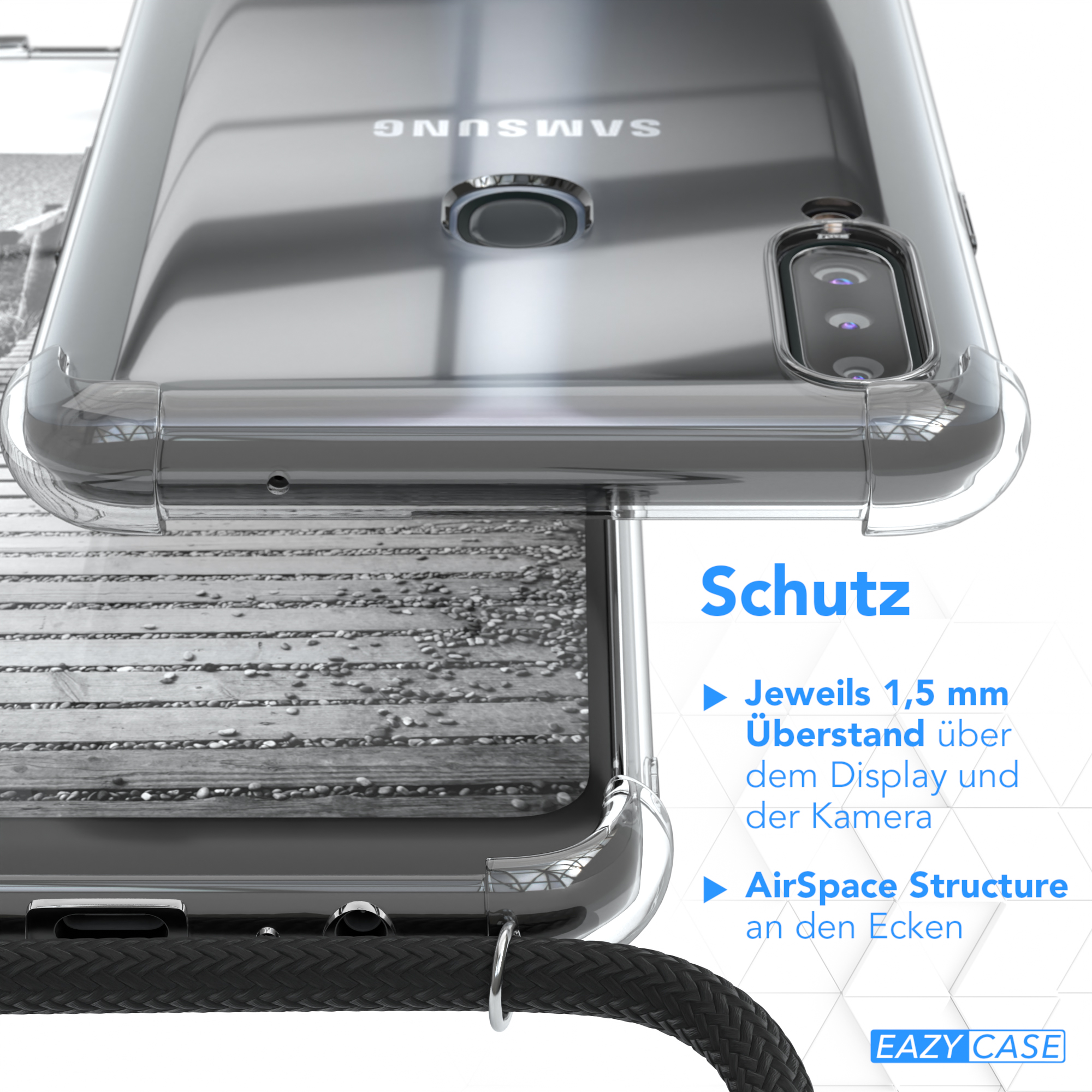 Transparente Handyhülle auf Holz, mit Text, der Funktionen beschreibt: 1,5 mm Display- & Kameraschutz, AirSpace-Struktur.