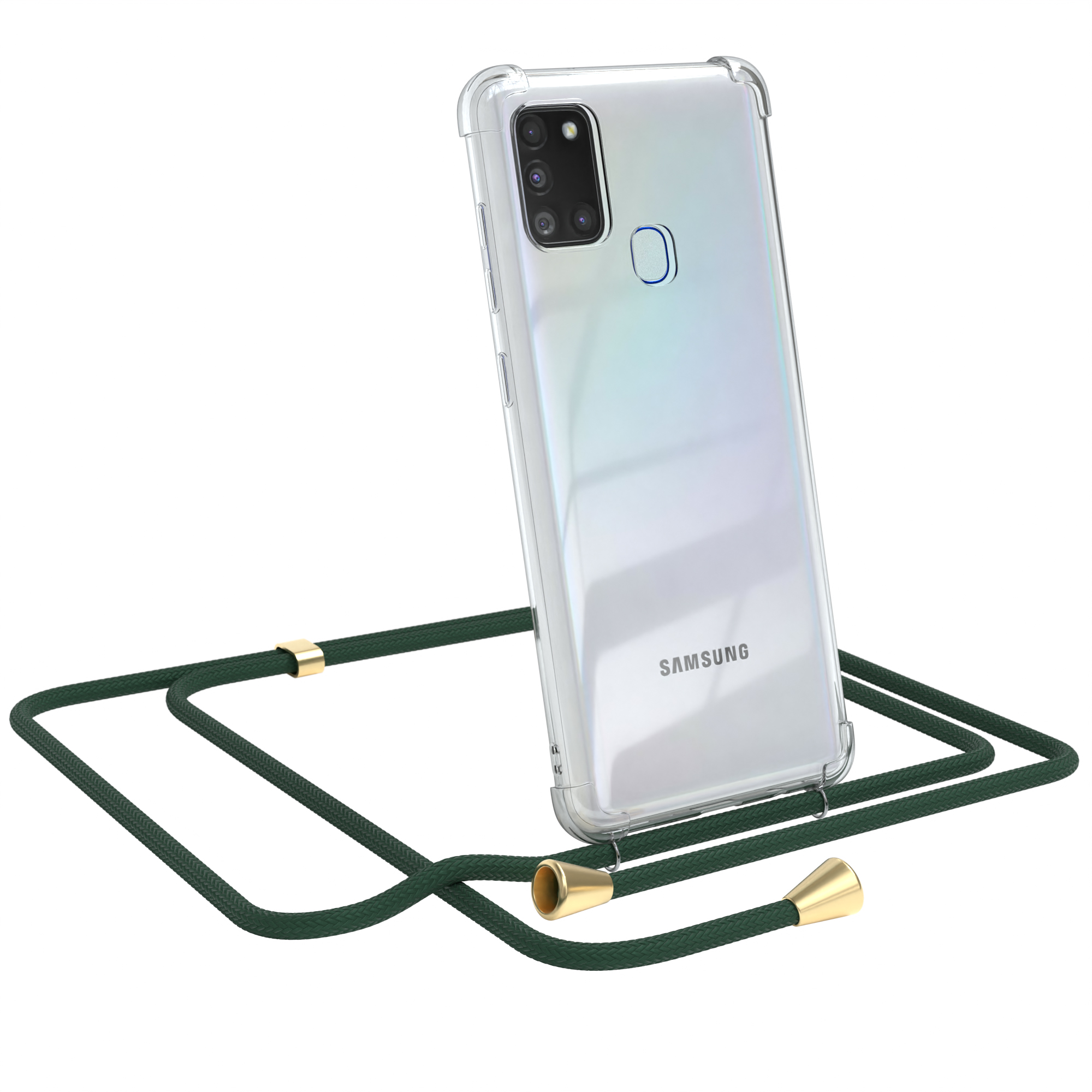 Transparente Handyhülle mit grünem Kordel. Ein Samsung-Handy ist in der Hülle, weißer Hintergrund.