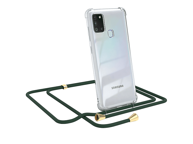 EAZY CASE Clear Cover A21s, Gold / Samsung, Umhängetasche, mit Galaxy Clips Grün Umhängeband