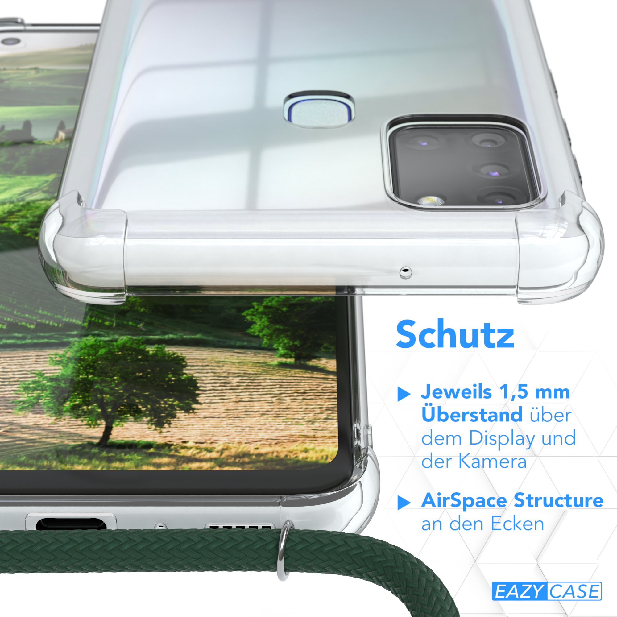 Transparente Handyhülle mit Text über Schutzfunktionen und Kabel. Hintergrund zeigt Bäume und Gras.