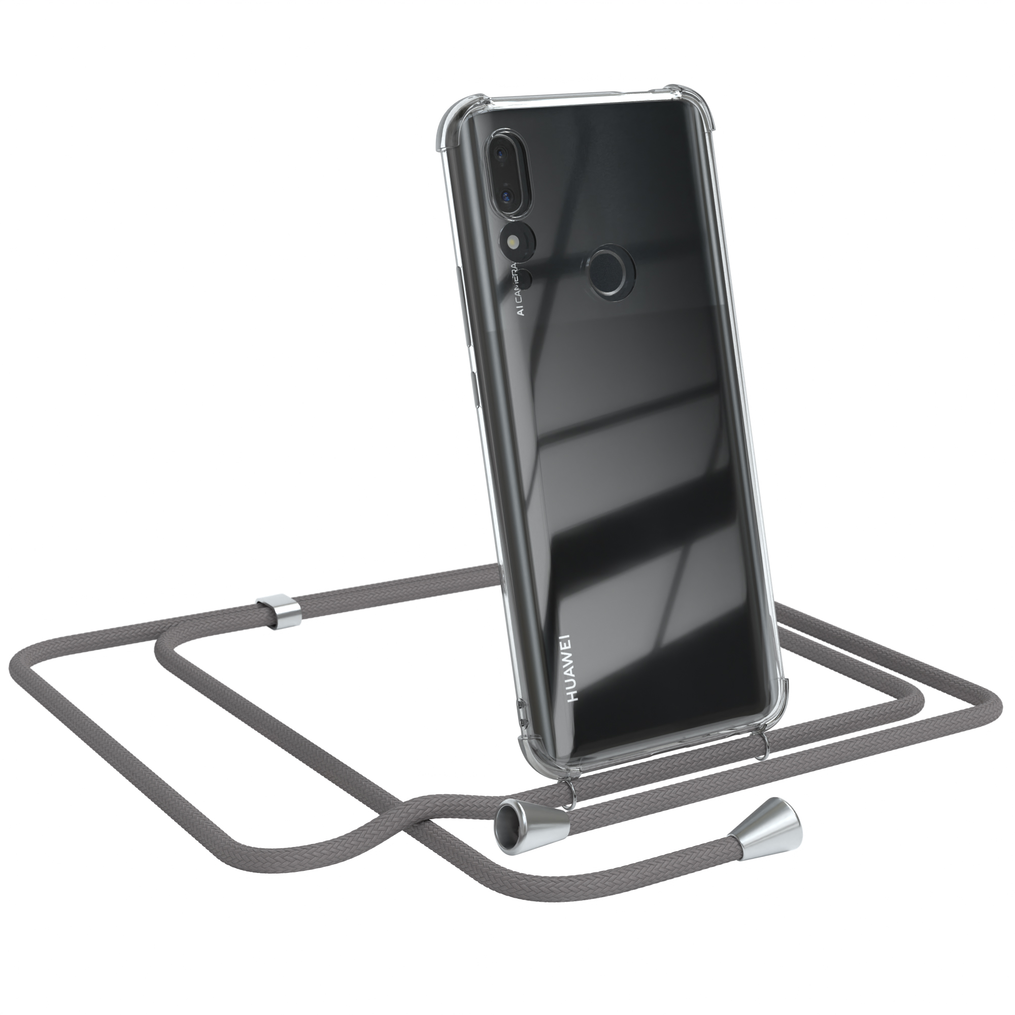 Transparente Handyhülle mit grauem Lanyard. HUAWEI-Logo. Weißer Hintergrund.