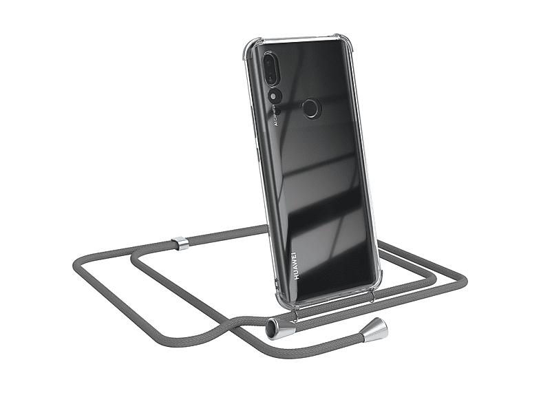 EAZY CASE Clear Cover mit Umhängeband, Umhängetasche, Huawei, P Smart Z / Y9 Prime (2019), Grau / Clips Silber