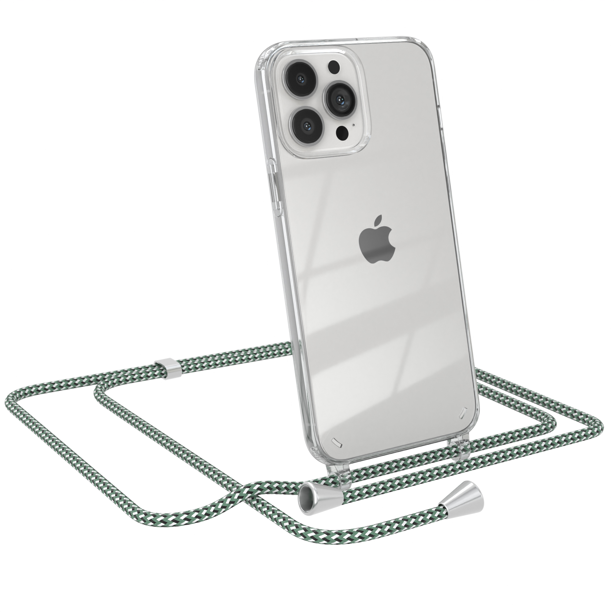 Ein Telefon in einer transparenten Hülle mit grün-weißem Lanyard. Apple-Logo sichtbar. Weißer Hintergrund.