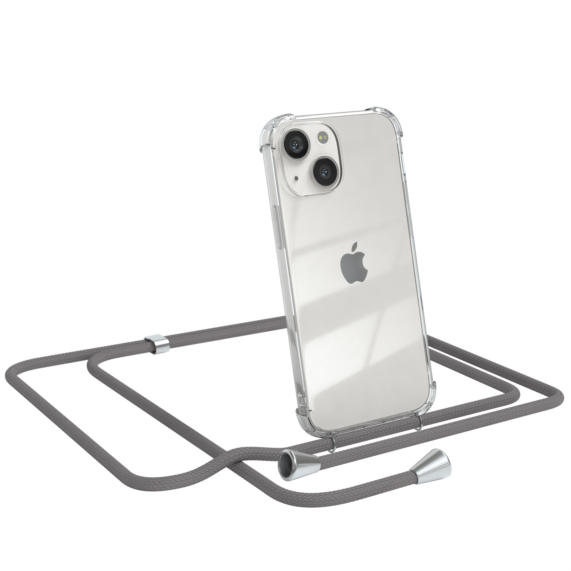 Transparente Handyhülle mit Telefon und grauem Seilriemen.