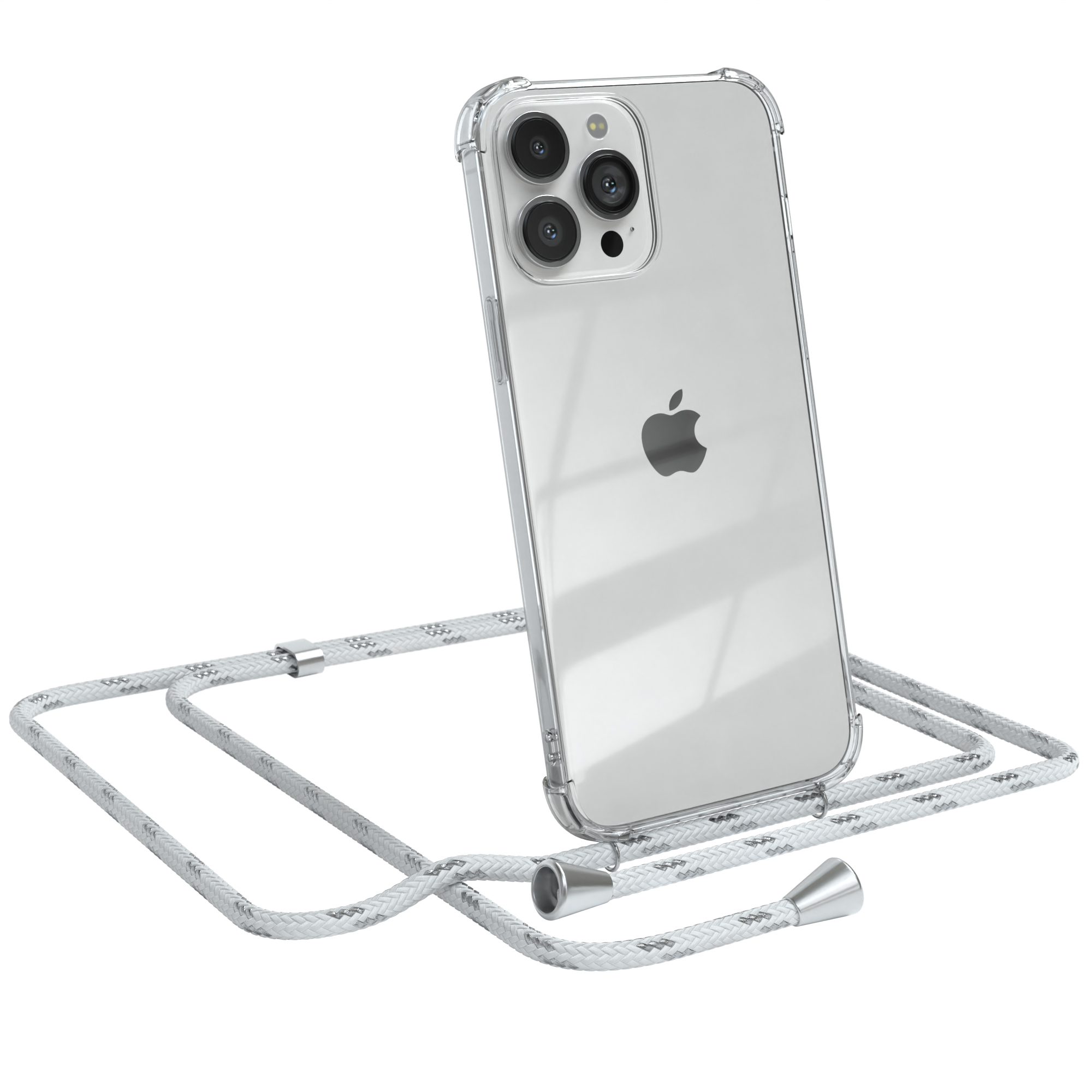 EAZY CASE Clear Cover mit Pro Silber Umhängetasche, Weiß Umhängeband, / Clips Max, 13 iPhone Apple