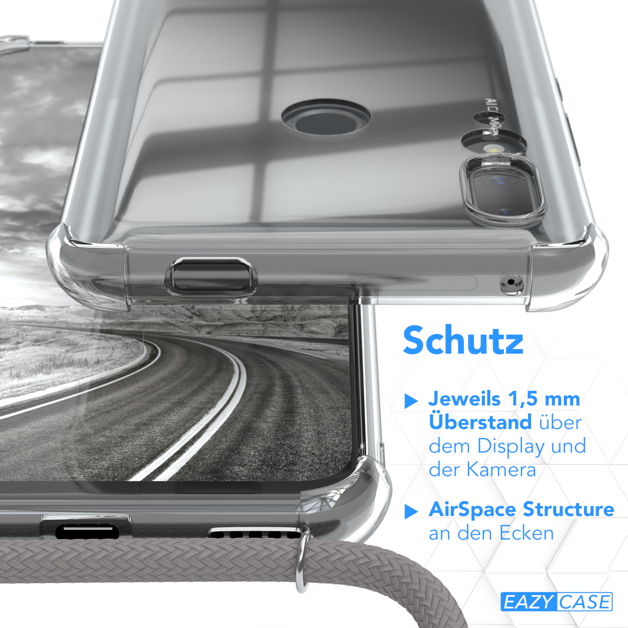 Transparente Handyhülle auf einem Telefon. Text auf Deutsch über Display- und Kameraschutz.