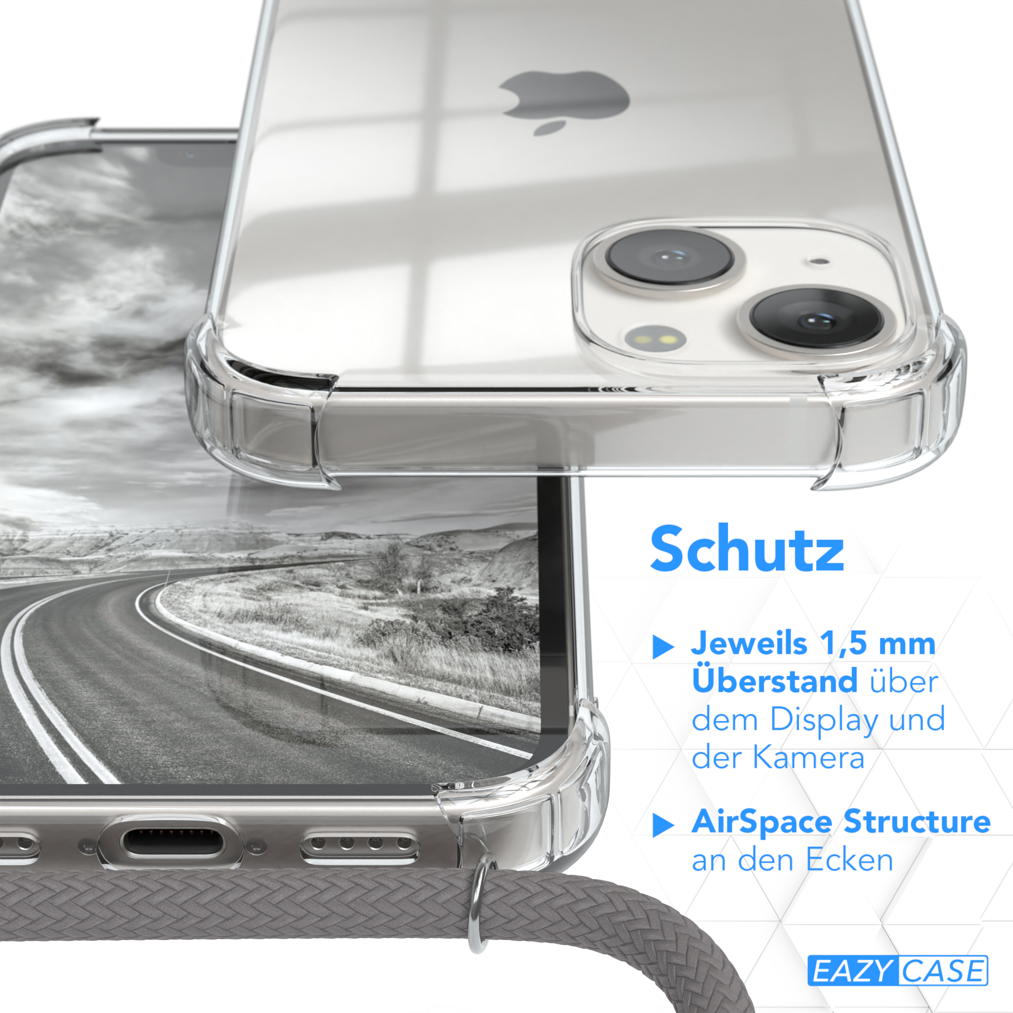 Transparente Handyhülle auf einem Telefon, zeigt ein Straßenbild auf dem Bildschirm.