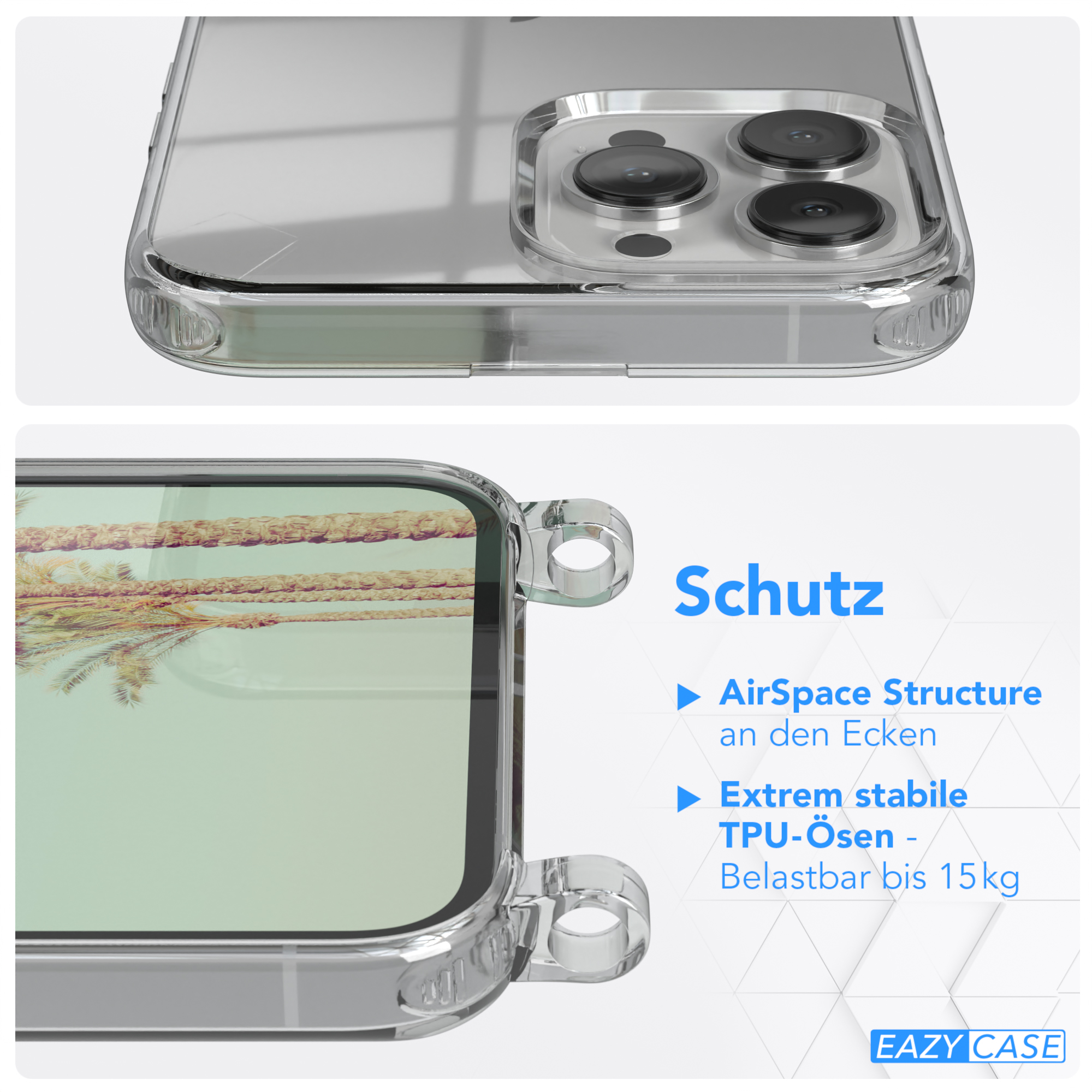 Transparente Handyhülle mit Kameraausschnitt. Text: Schutz. AirSpace Structure, TPU-Ösen, Gewicht.