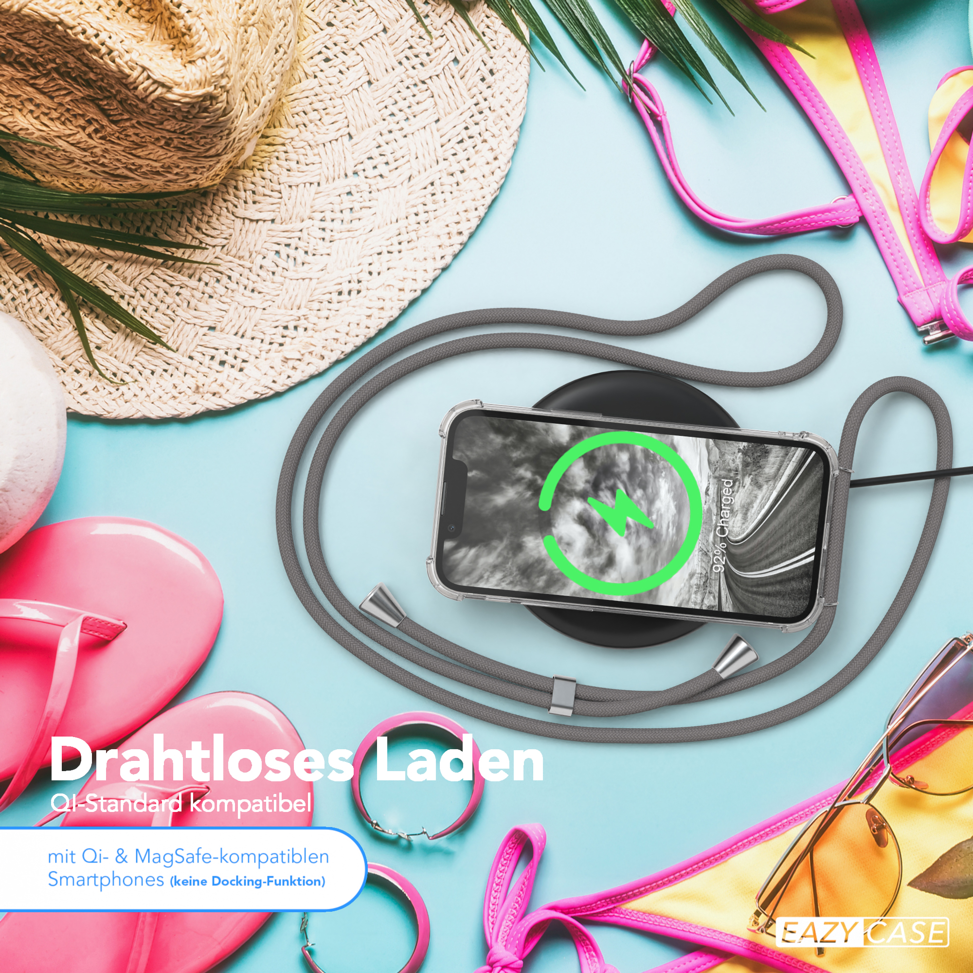 Telefon mit Hülle und Ladepad. Text: Drahtloses Laden. Strandszene mit Accessoires. Eazy Case Logo.