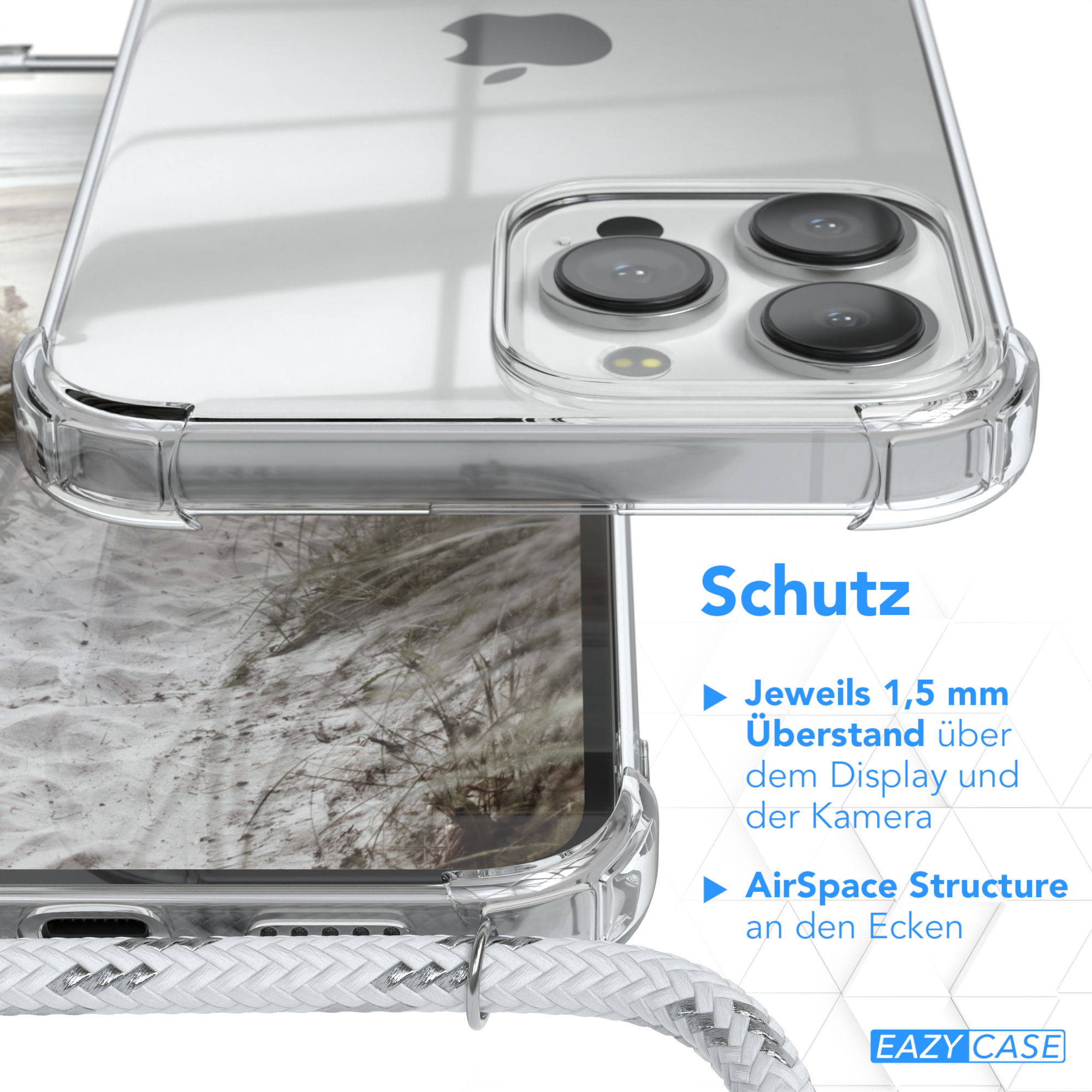 Nahaufnahme einer Handyhülle, die ein Telefon schützt, mit Text, der Schutzfunktionen detailliert.