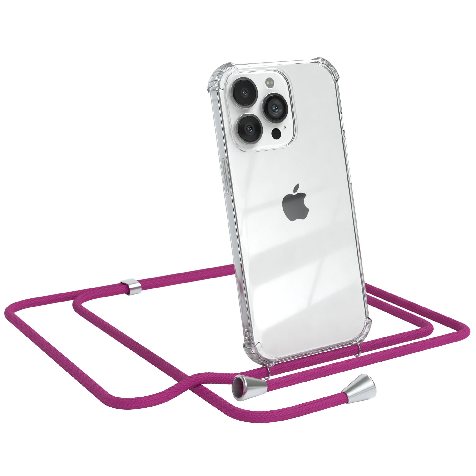 Klares Telefon mit pinkfarbenem Kabel. Das Telefon befindet sich in einer transparenten Hülle. Das Kabel hat silberne Akzente.