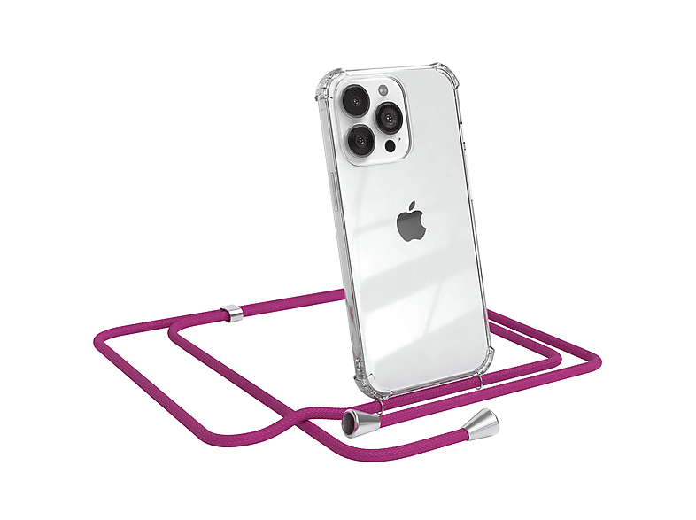 EAZY CASE Clear Cover mit Umhängeband, Umhängetasche, Apple, iPhone 13 Pro, Pink / Clips Silber