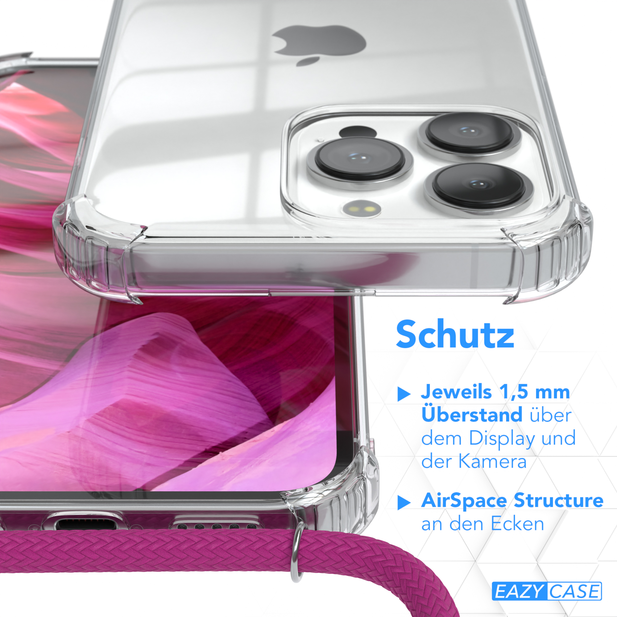 CASE Cover / Clips Clear EAZY mit Pro, iPhone 13 Apple, Umhängetasche, Silber Pink Umhängeband,