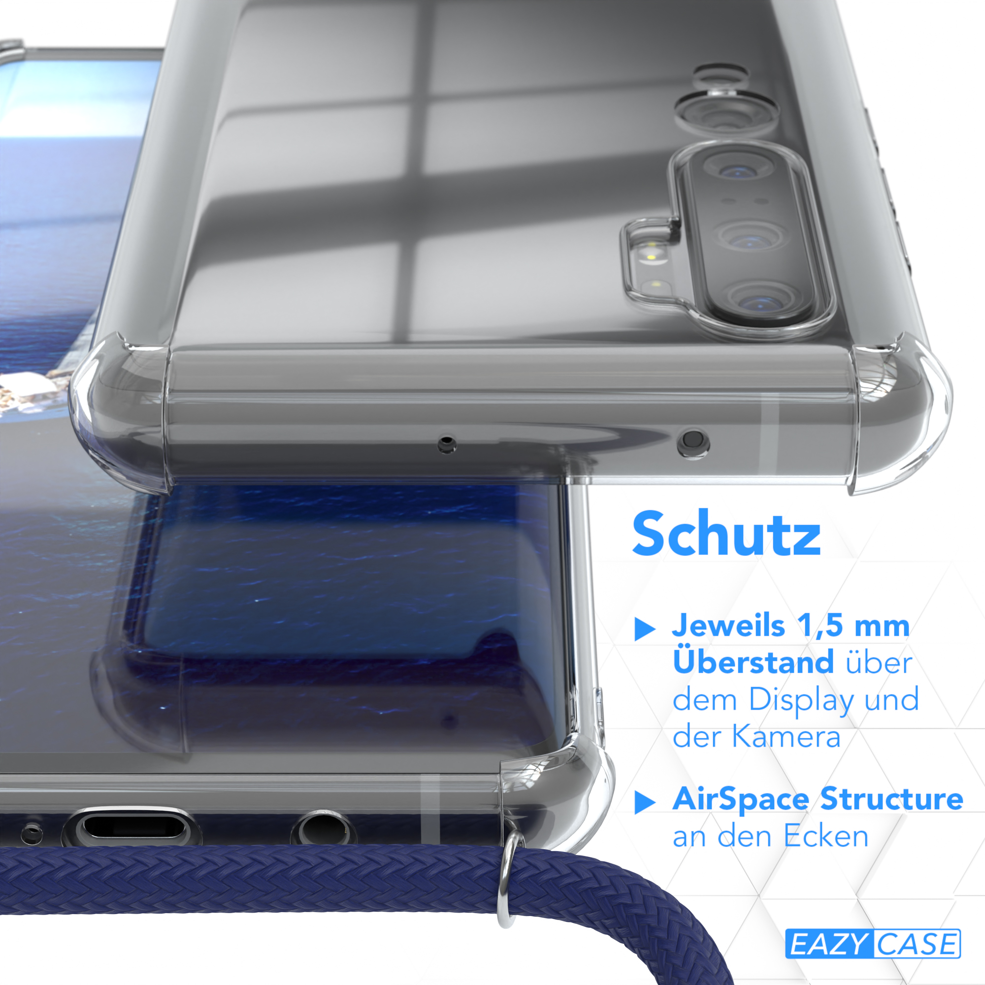 Note Clear mit Clips CASE Mi 10 Umhängeband, Blau / Mi / Umhängetasche, Xiaomi, Cover Note Pro, Silber 10 EAZY