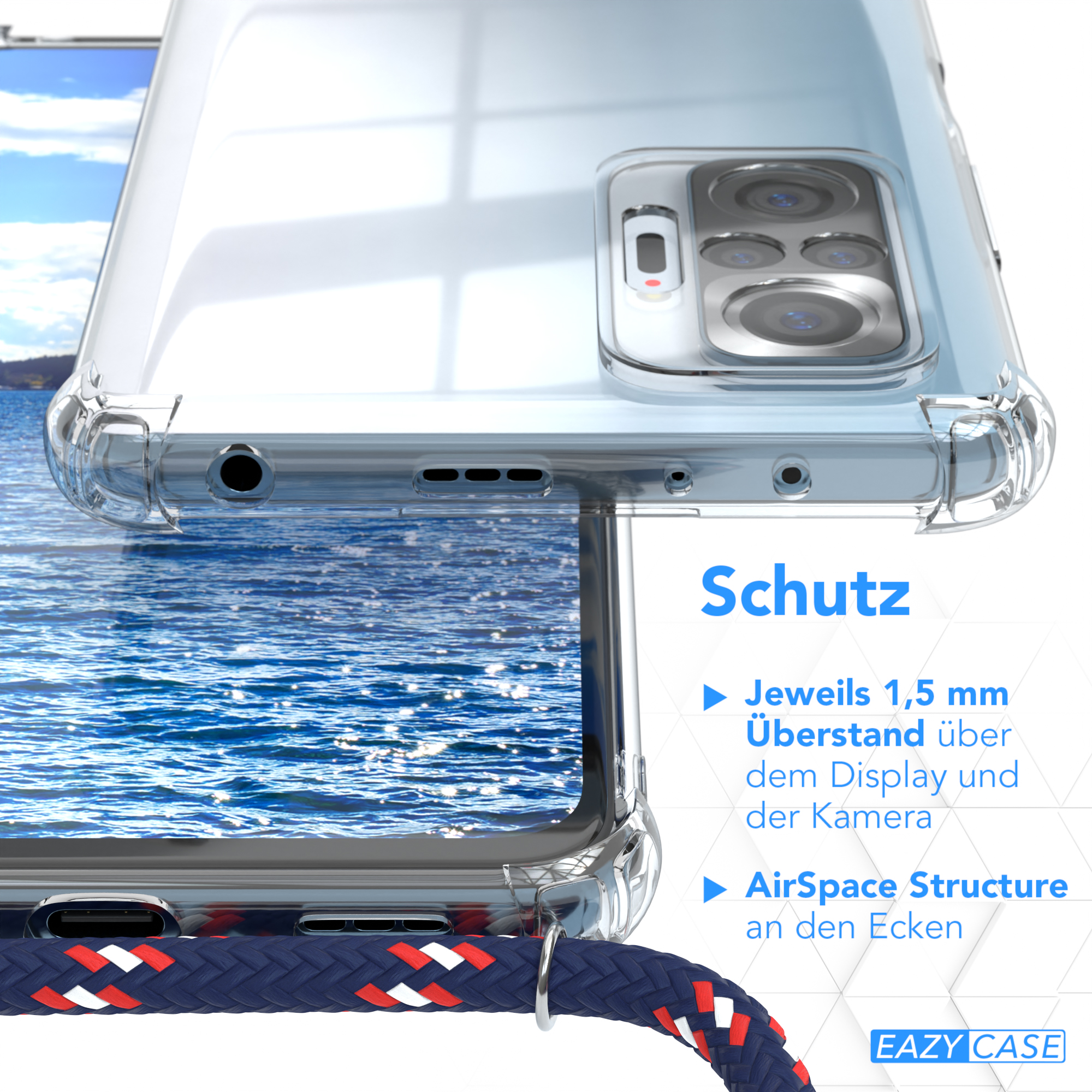 Transparente Handyhülle, mit blauem geflochtenen Ladekabel, Text auf Deutsch.