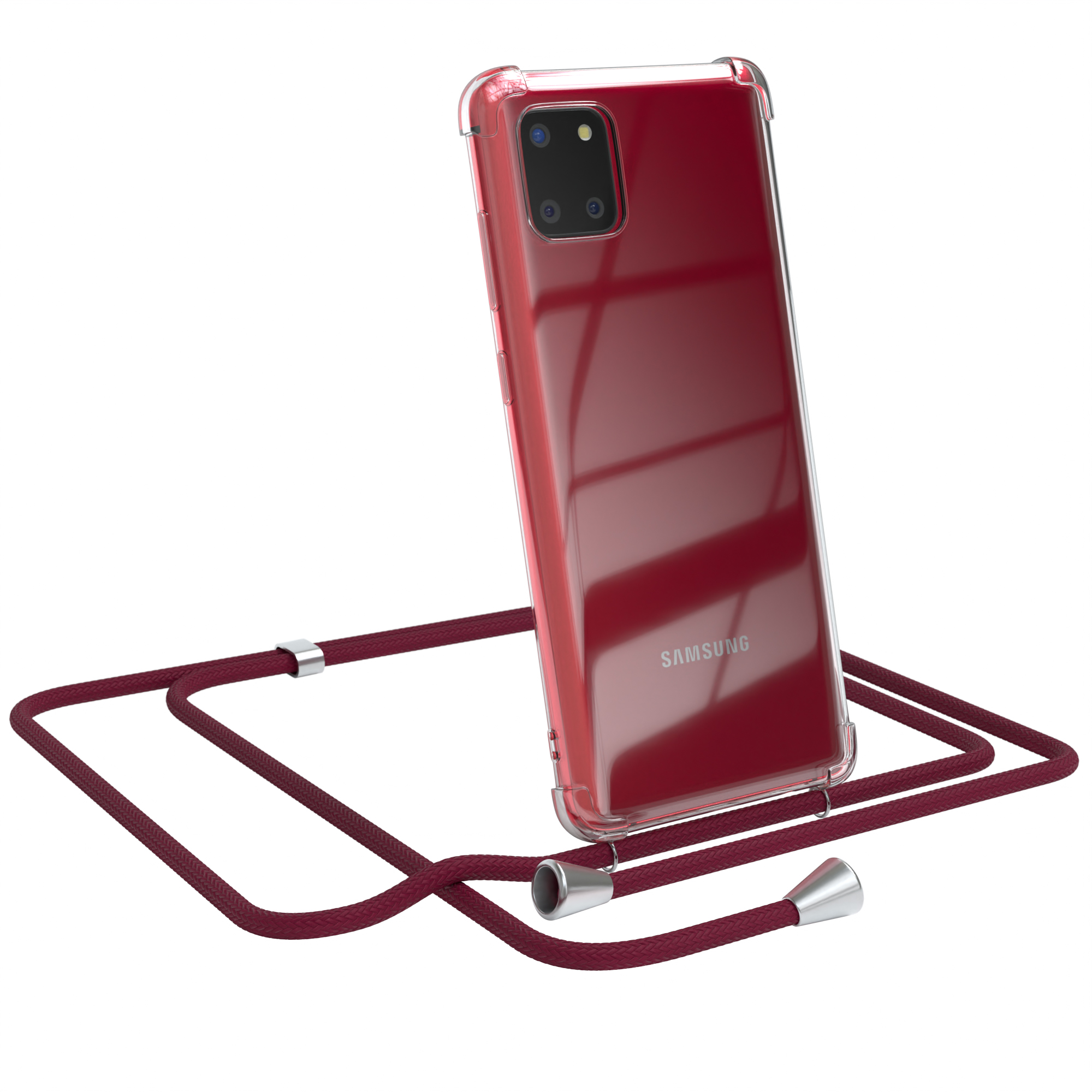 Transparente Handyhülle mit weinrotem Umhängeband. Samsung-Logo sichtbar. Vor weißem Hintergrund.