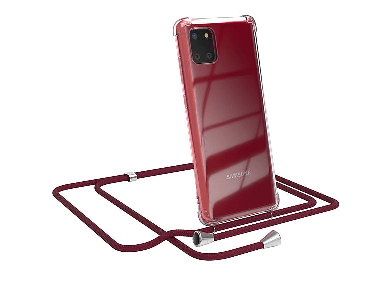 EAZY CASE Clear Cover mit Umhängeband, Umhängetasche, Samsung, Galaxy Note 10 Lite, Bordeaux Rot / Clips Silber