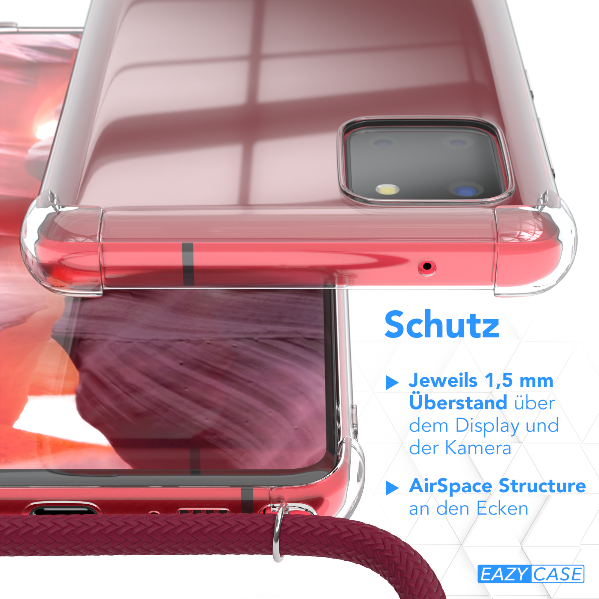 Nahaufnahme einer transparenten Handyhülle. Zeigt Telefon, Funktionen und Text.