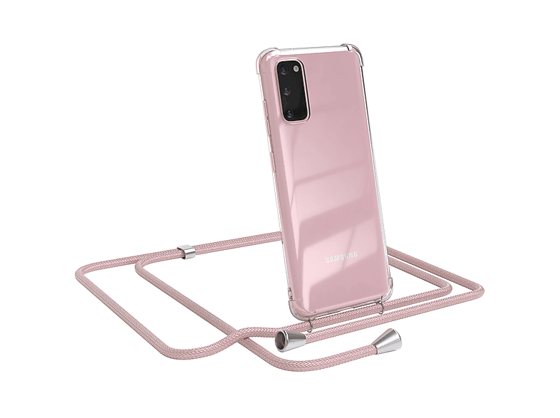 EAZY CASE Clear Cover mit Umhängeband, Umhängetasche, Samsung, Galaxy S20, Rosé / Clips Silber