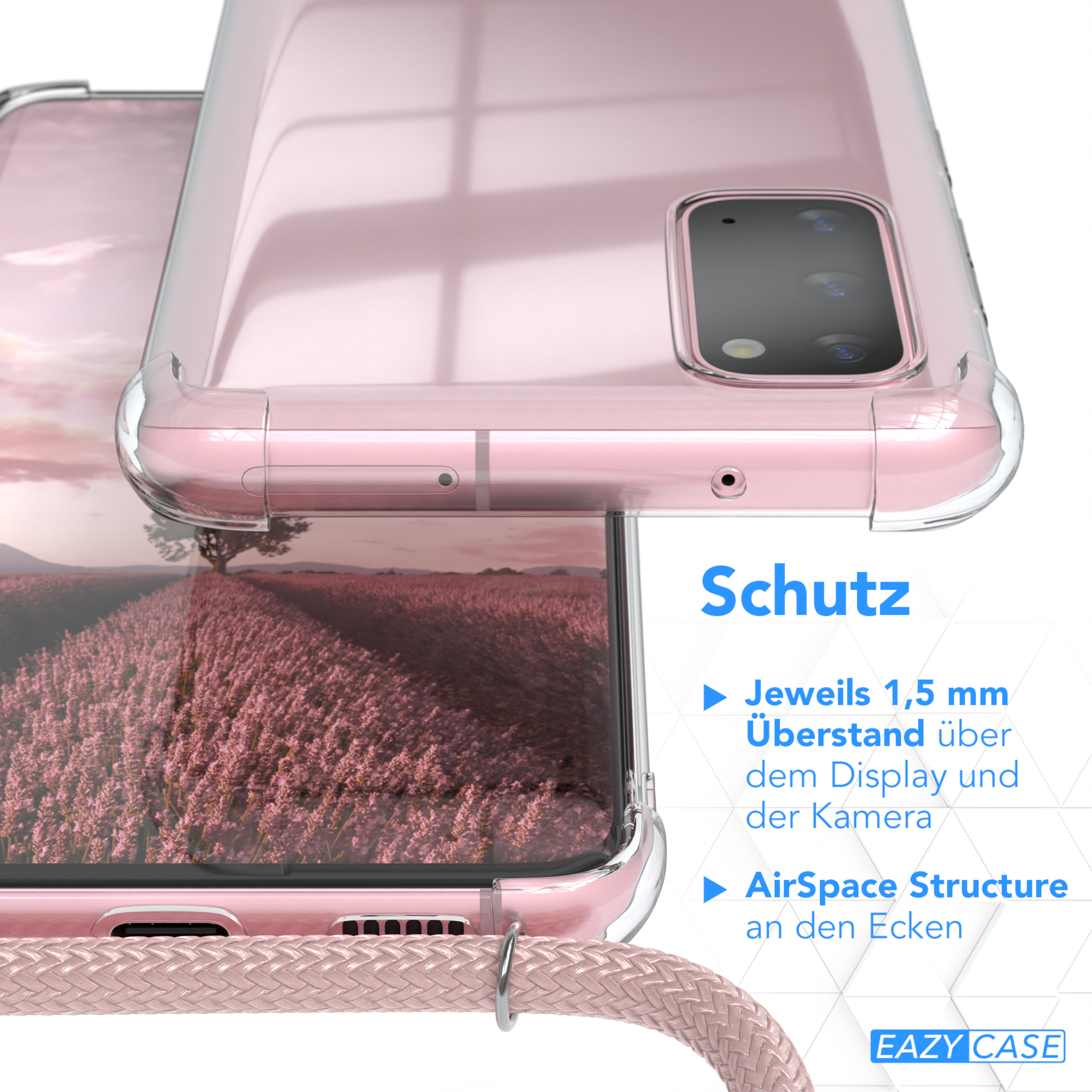Nahaufnahme einer Handyhülle. Text über AirSpace Structure und 1,5 mm Überstand.