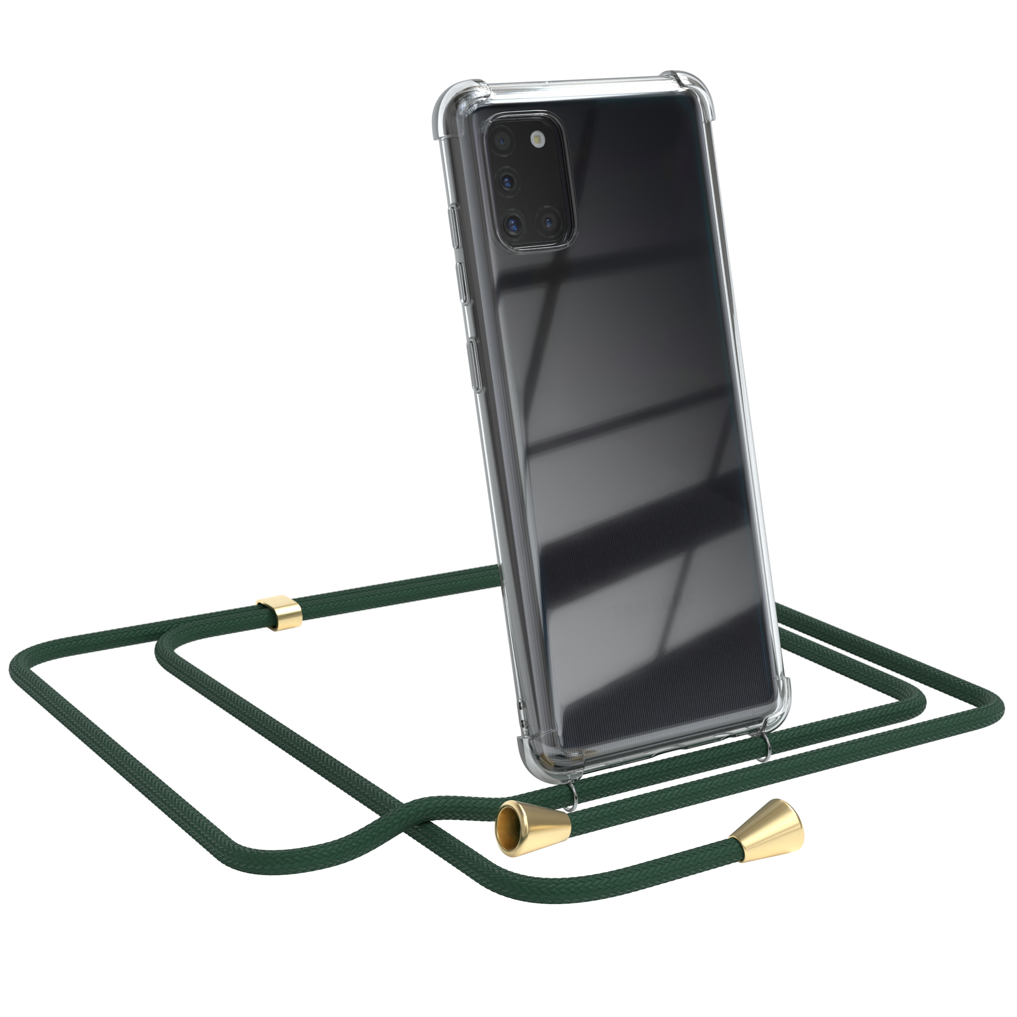 Transparente Handyhülle mit grünem Kabel. Telefon sichtbar. Weißer Hintergrund.