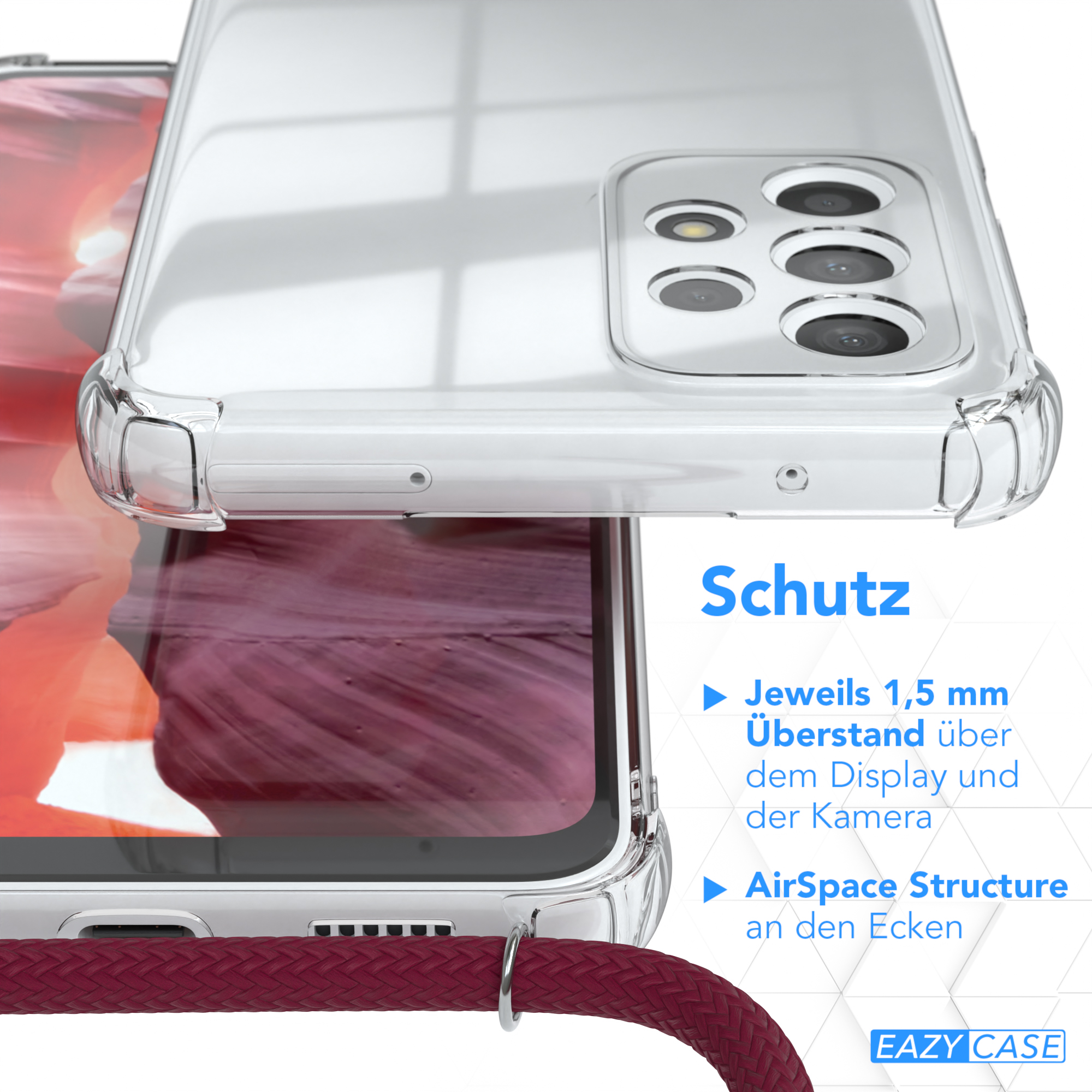Transparente Handyhülle über einem Telefon, zeigt Kamera und Schutzfunktionen.