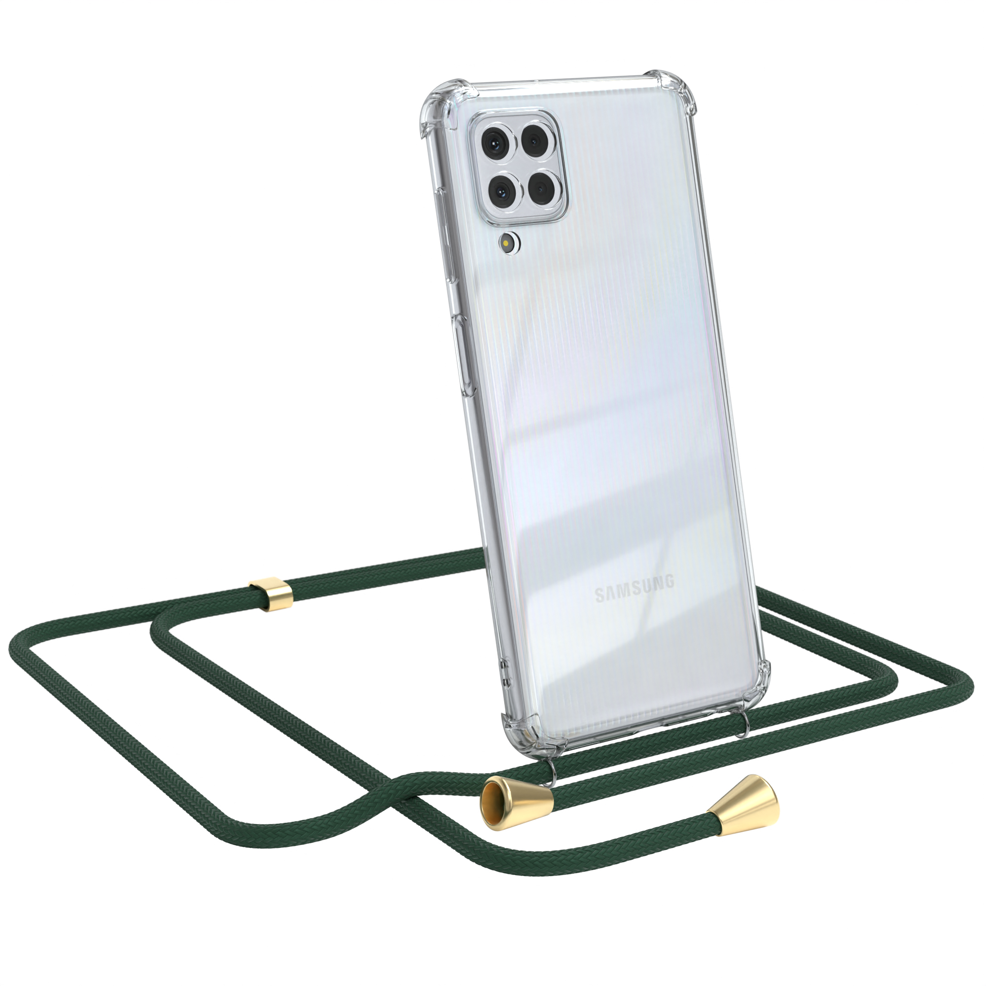 Transparente Handyhülle mit grünem Kabel. Samsung Handy mit transparenter Hülle.