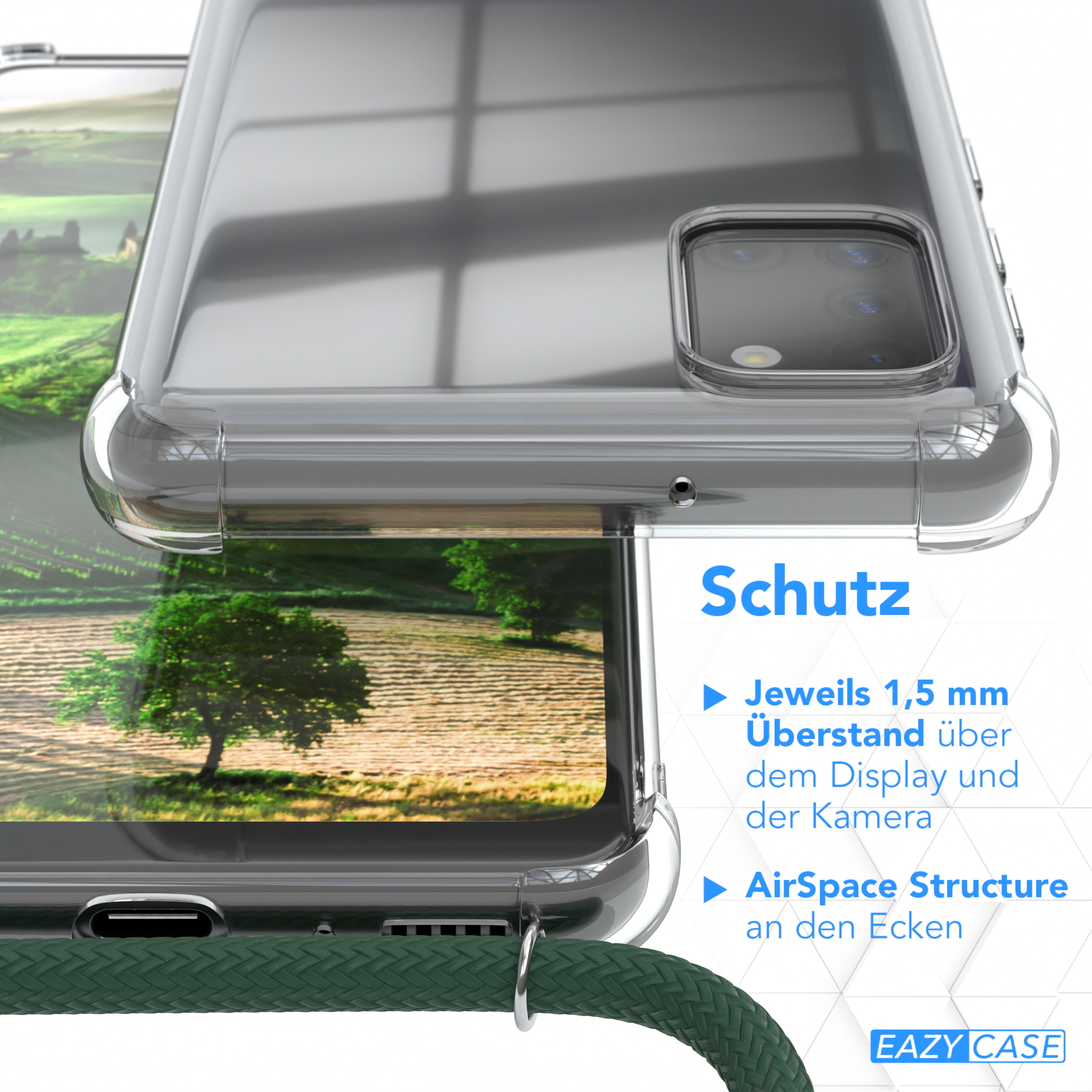 Schutzhülle für das Telefon, Nahaufnahme. Display und Kamera sind geschützt.