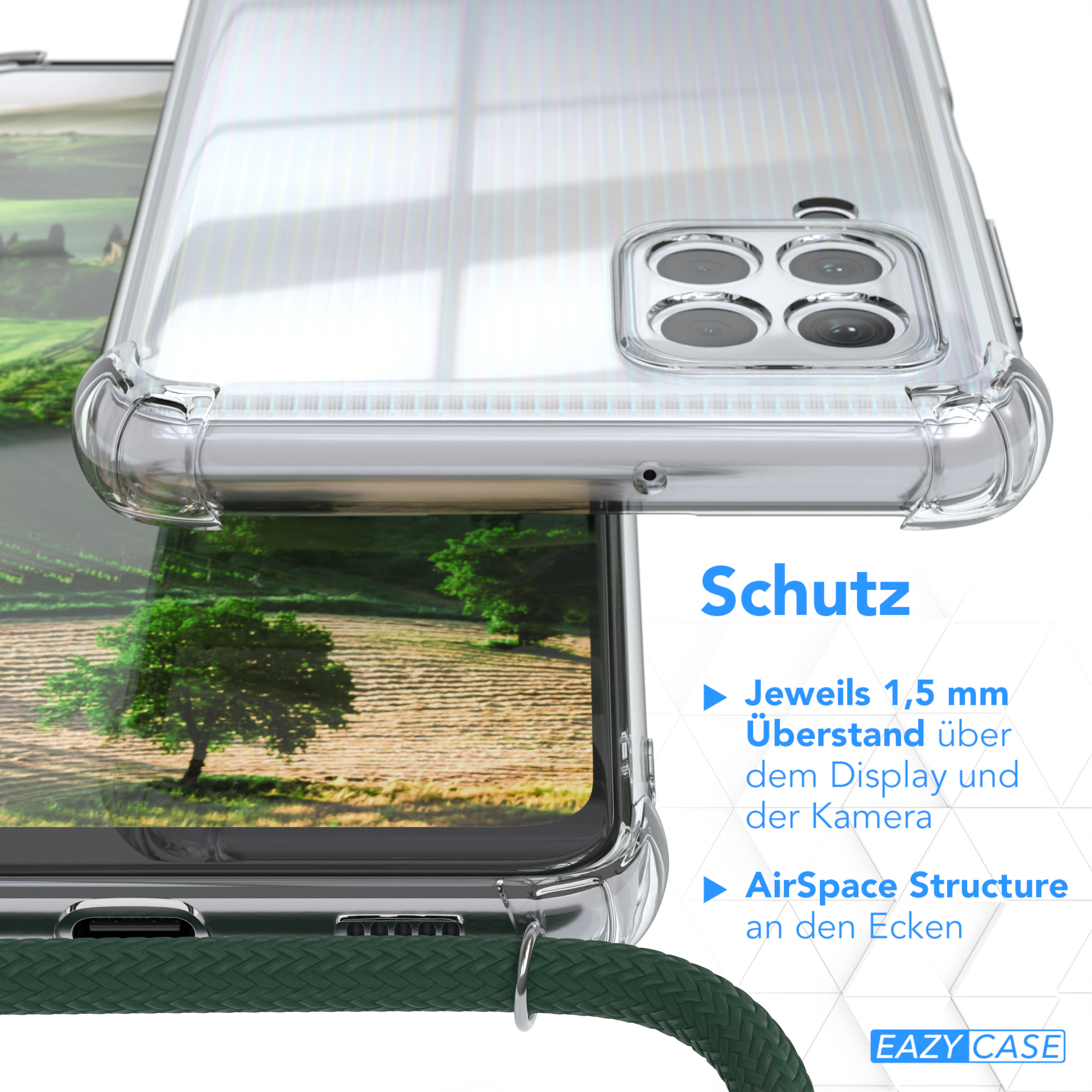 Eine transparente Handyhülle auf einem Telefon, mit Text über Schutzfunktionen und einem grünen Kabel.