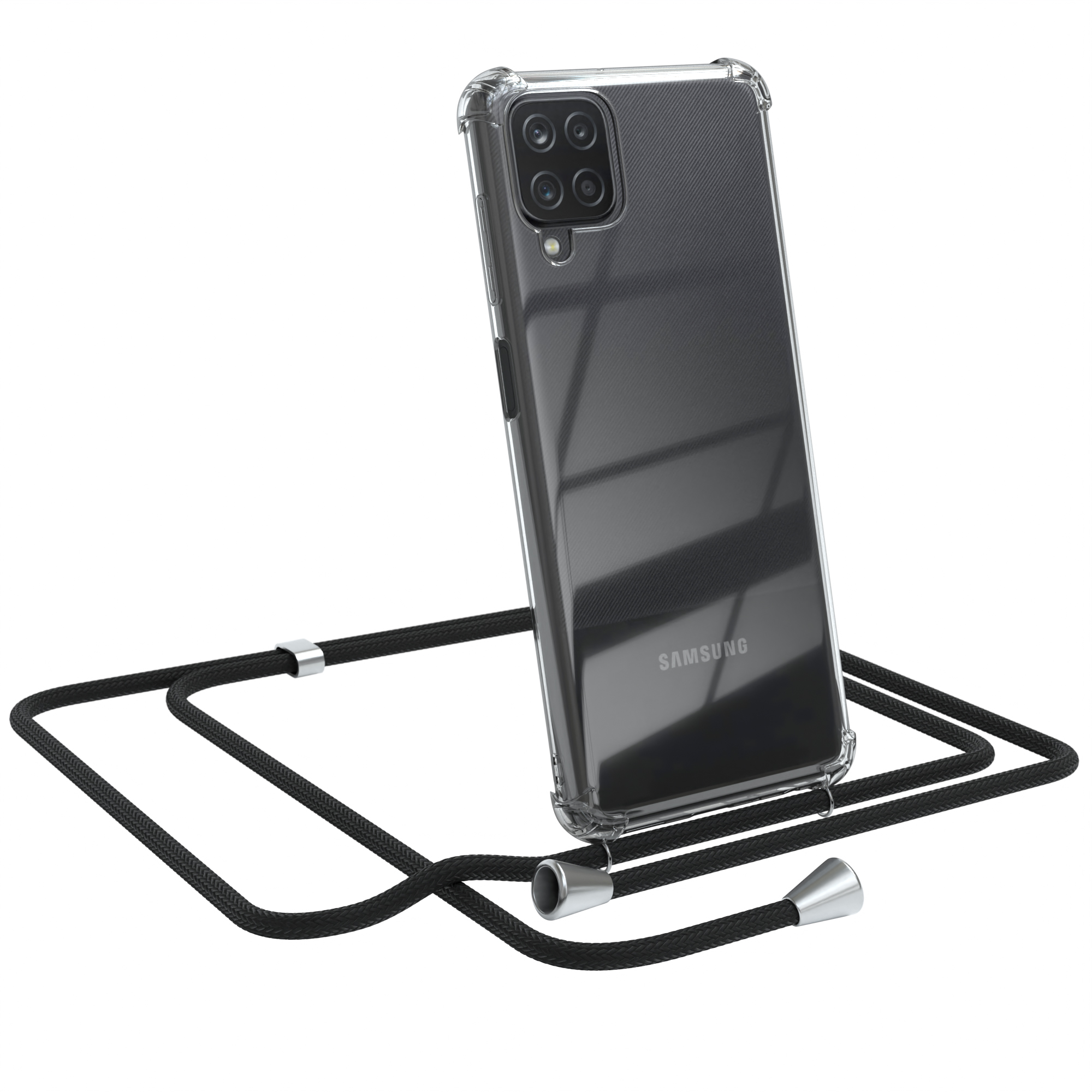 Telefon in klarer Hülle mit schwarzem Lanyard.