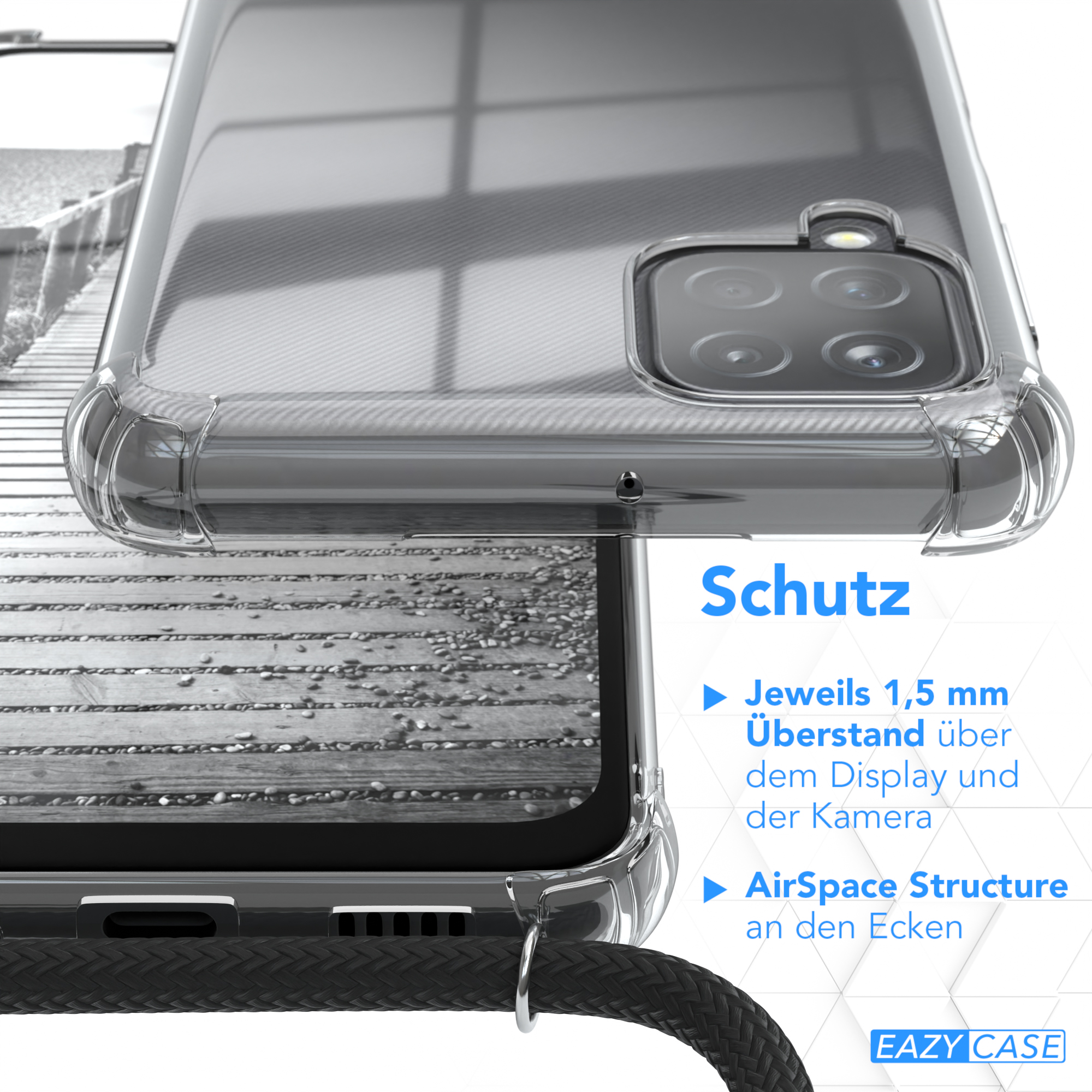 Nahaufnahme einer Handyhülle mit Text, der die Schutzfunktionen beschreibt.