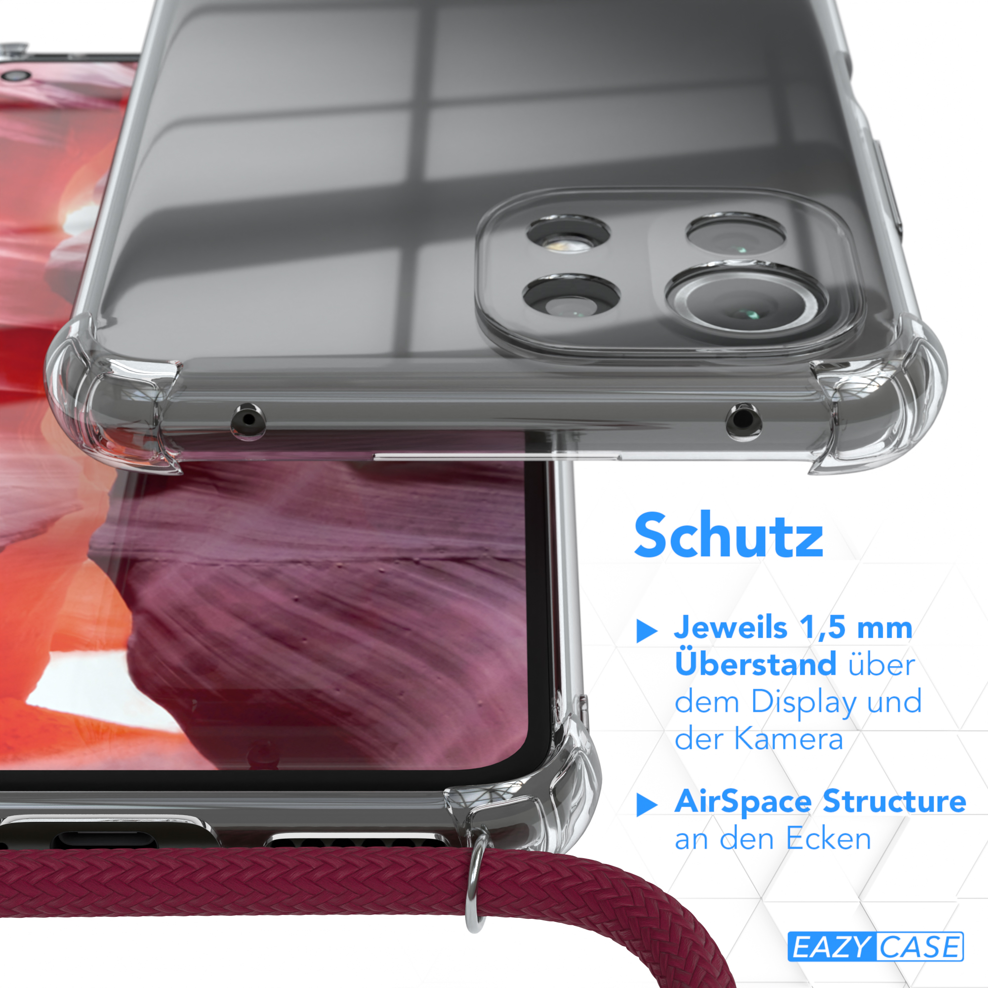 Transparente Handyhülle mit Telefon. Text über Schutzfunktionen.