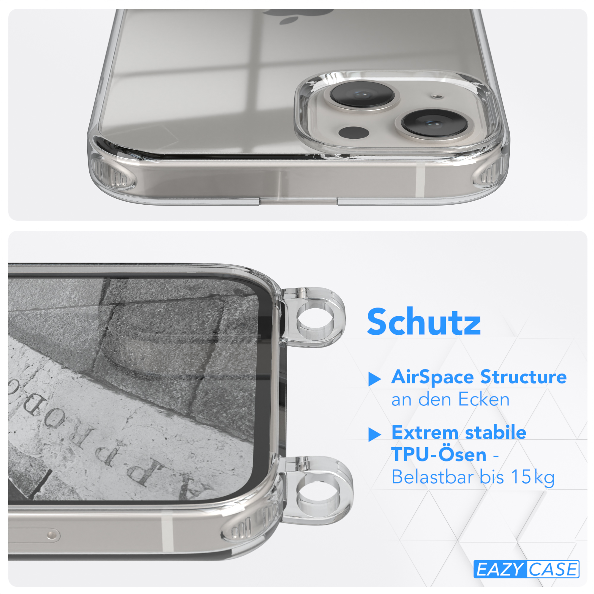Weiß 13, CASE Umhängetasche, Cover EAZY Clear mit Apple, iPhone Umhängeband, Hellgrau