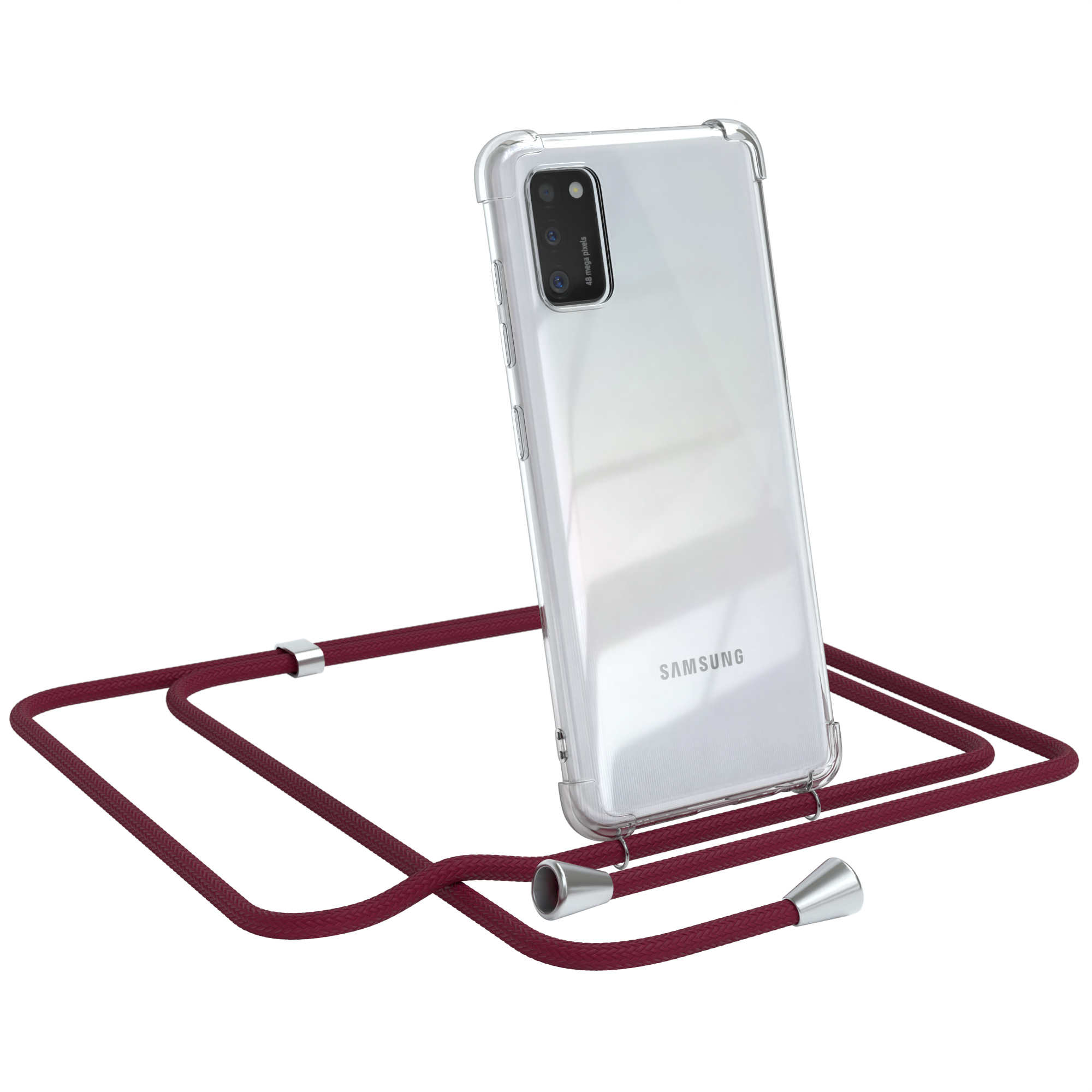 Eine transparente Handyhülle mit roter Kordel auf weißem Untergrund. Das Telefon ist klar.