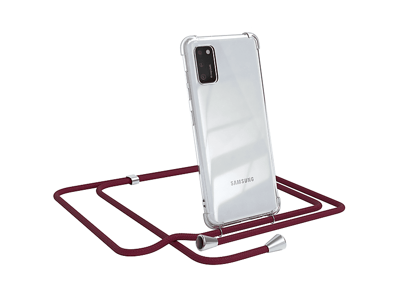 EAZY CASE Clear Cover mit Umhängeband, Umhängetasche, Samsung, Galaxy A41, Bordeaux Rot / Clips Silber