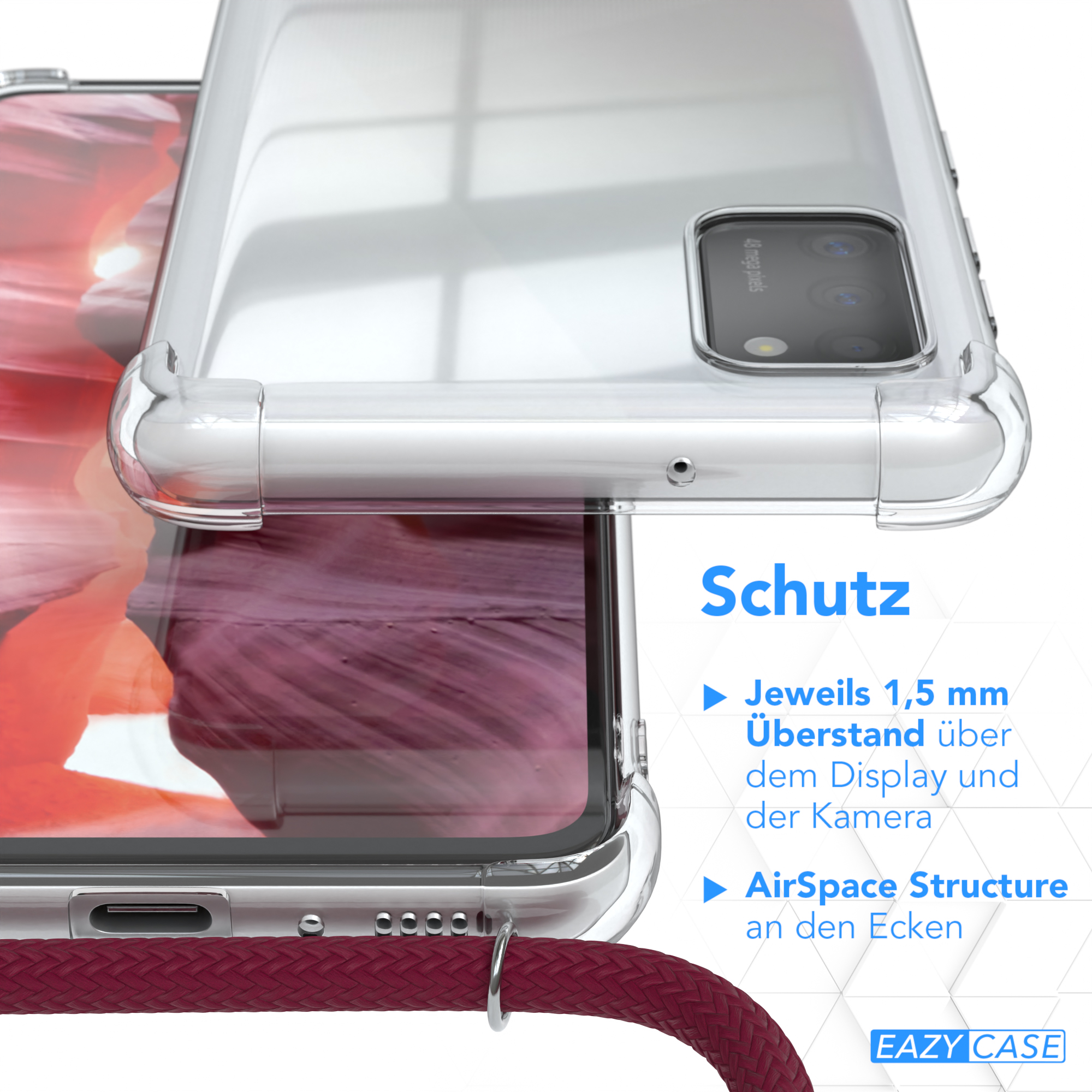Transparente Handyhülle mit buntem Riemen. Der Bildschirm zeigt Landschaft. Text: 'Schutz'.