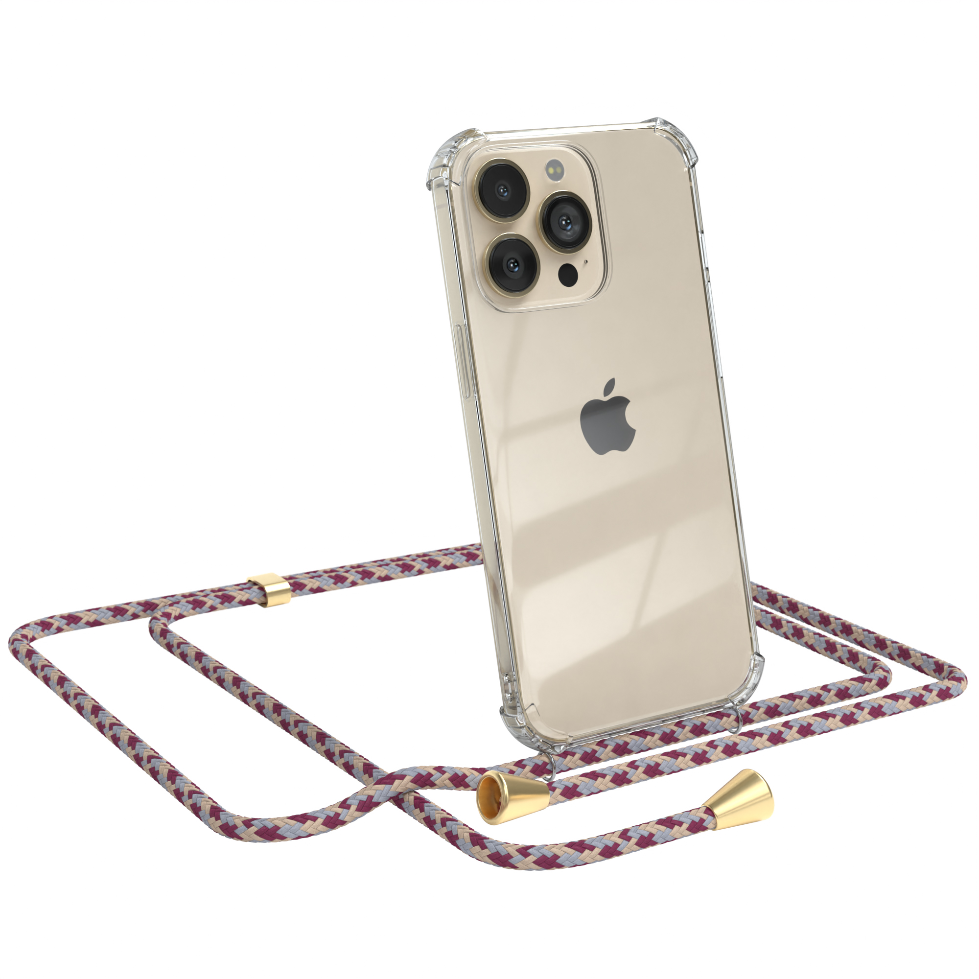 Camouflage iPhone CASE Pro, mit Rot Umhängeband, Umhängetasche, EAZY Apple, Gold Clear / 13 Cover Beige Clips