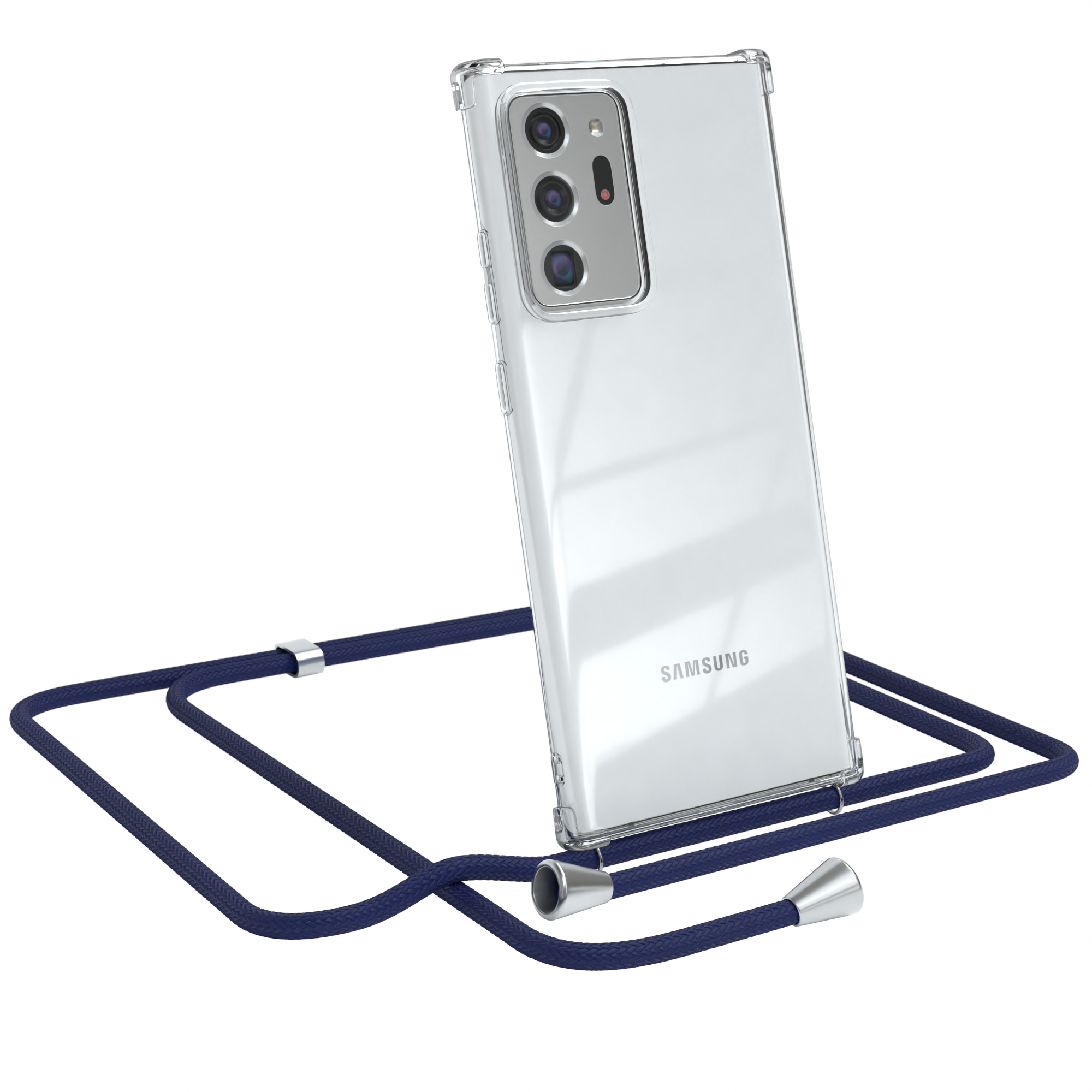Ein Samsung-Telefon in einer transparenten Hülle mit einem marineblauen Lanyard. Das Telefon steht auf weißem Grund.