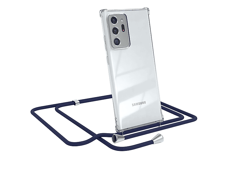 EAZY CASE Clear Cover mit Umhängeband, Umhängetasche, Samsung, Galaxy Note 20 Ultra / Note 20 Ultra 5G, Blau / Clips Silber
