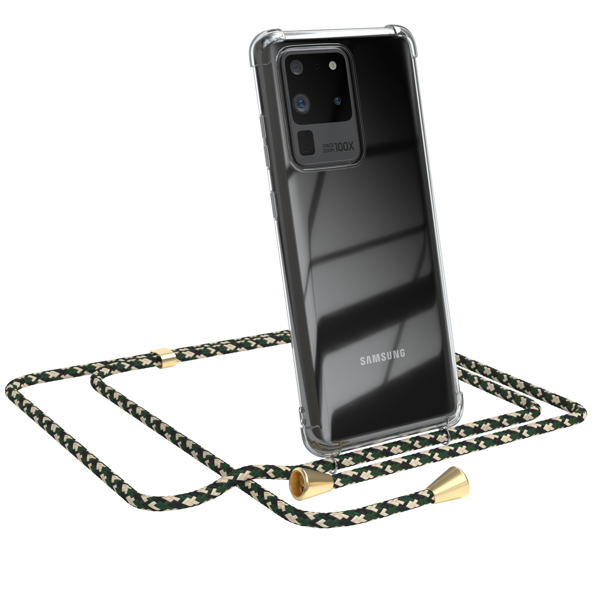 Schwarzes Samsung-Telefon in klarer Hülle mit grün-schwarzem Schlüsselband. Weißer Hintergrund.