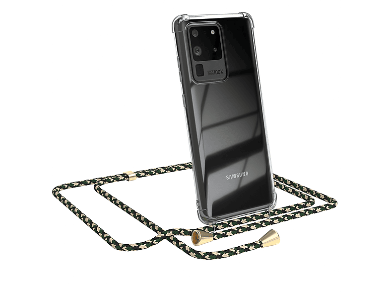EAZY CASE Clear Cover mit Umhängeband, Umhängetasche, Samsung, Galaxy S20 Ultra / S20 Ultra 5G, Grün Camouflage / Clips Gold