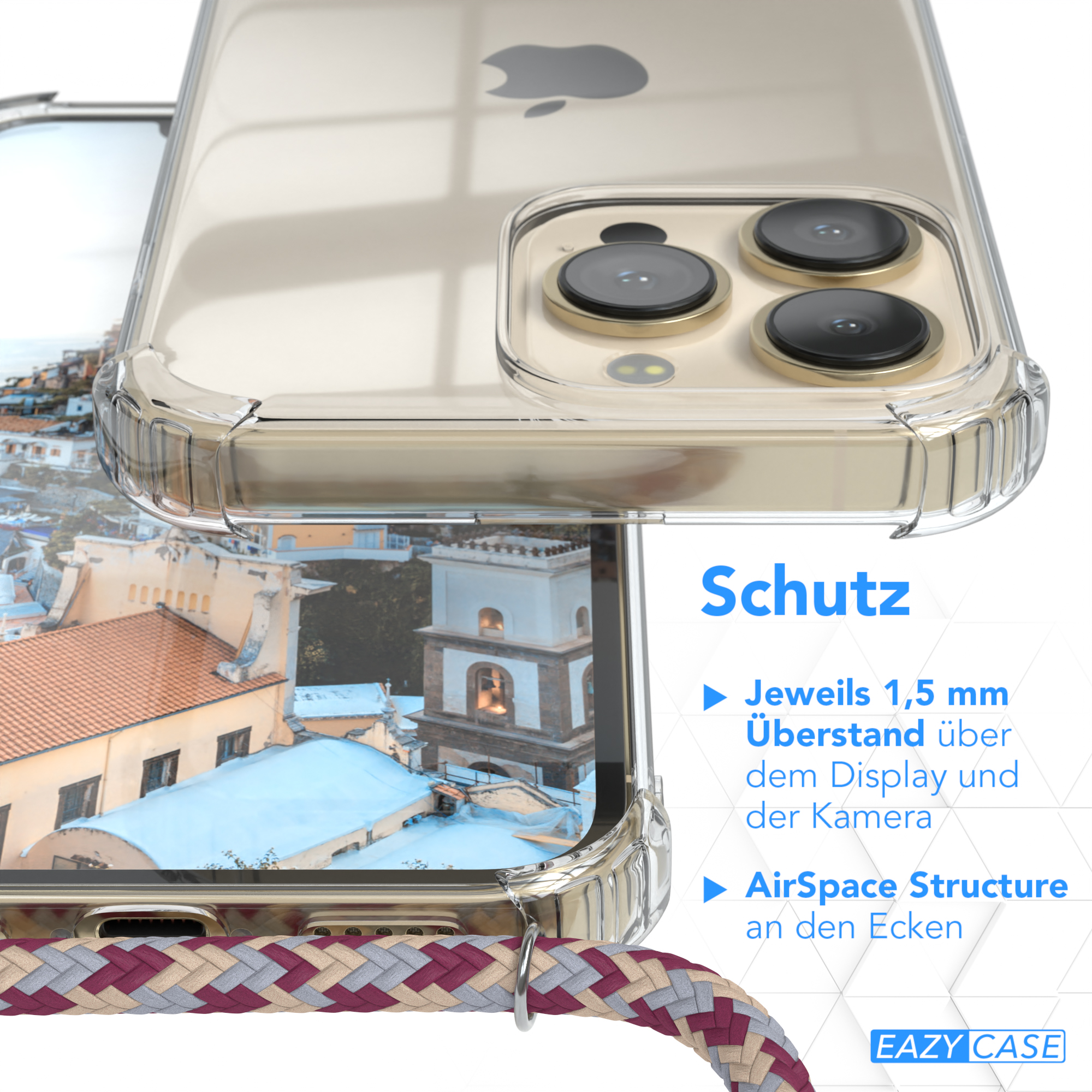 Transparente Handyhülle mit buntem Riemen. Nahaufnahme zeigt Details und Text.