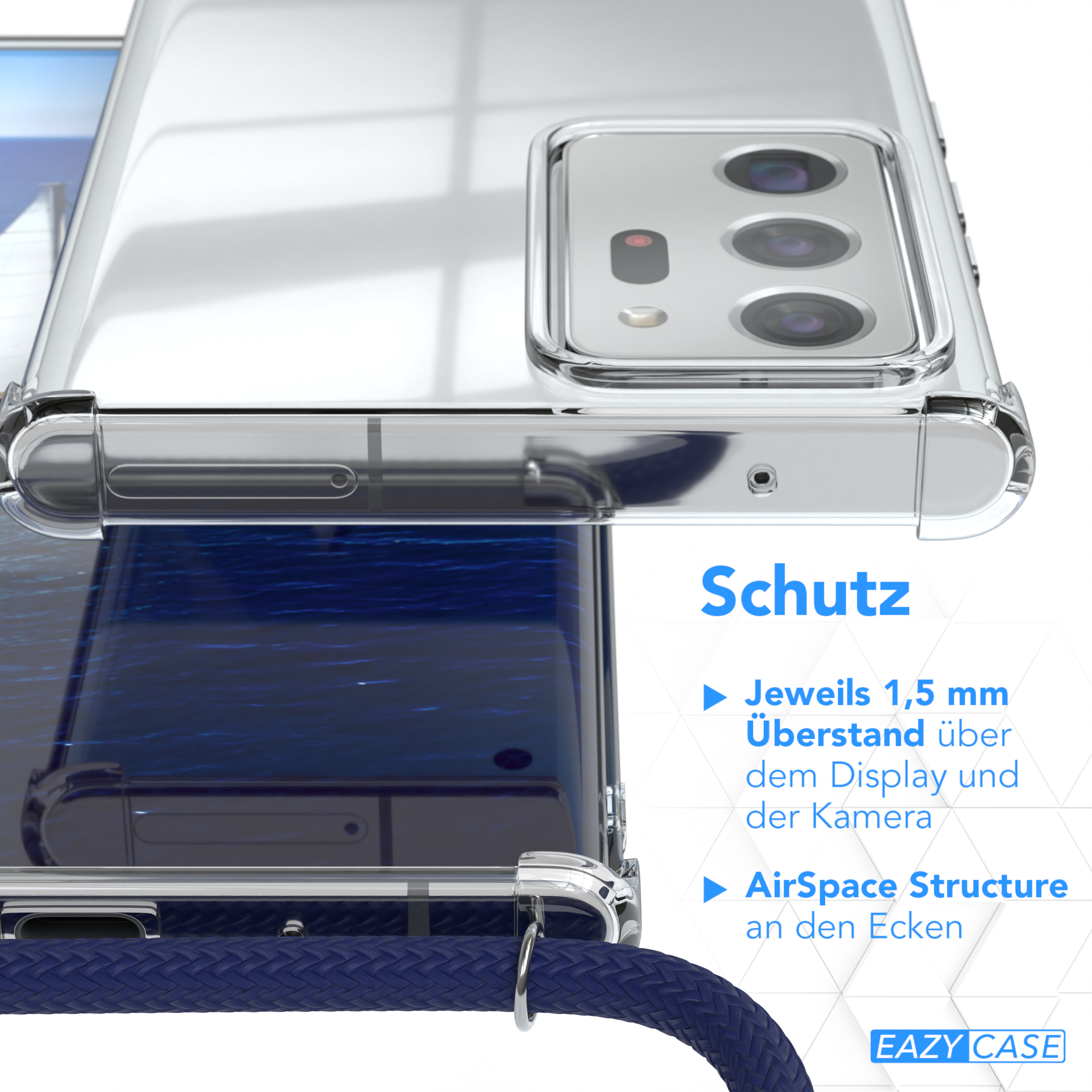 Transparente Handyhülle mit blauen Akzenten, Schutzfunktionen und Markeninformationen.