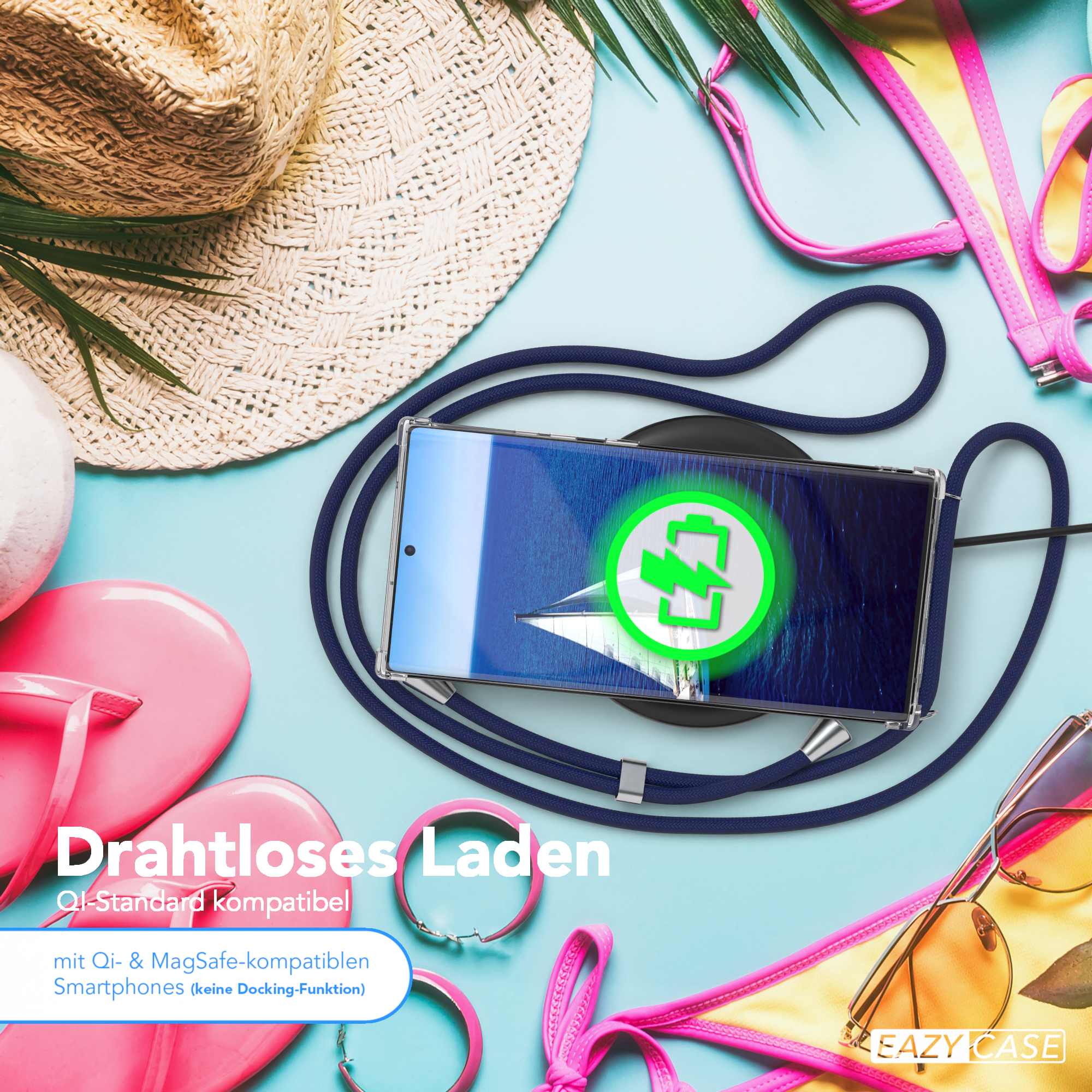 Telefon drahtlos laden, Strandszene mit Accessoires, deutscher Text.
