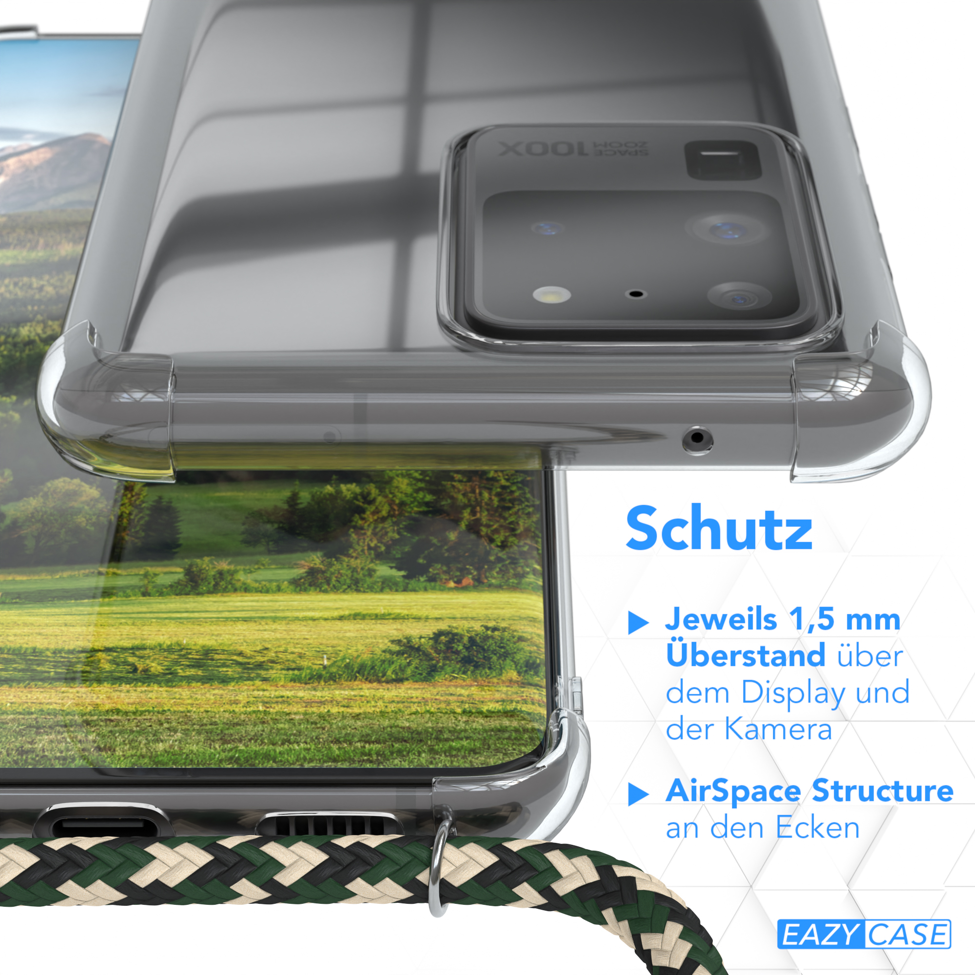 Transparente Handyhülle mit Band. Nahaufnahme, Details zeigen Kanten und Textur.