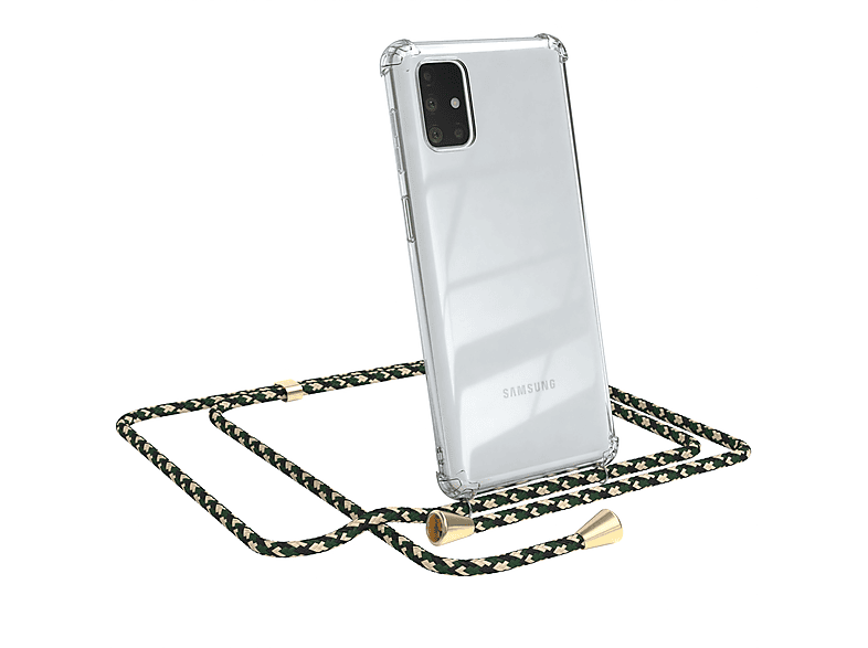 EAZY CASE Clear Cover mit Umhängeband, Umhängetasche, Samsung, Galaxy M51, Grün Camouflage / Clips Gold