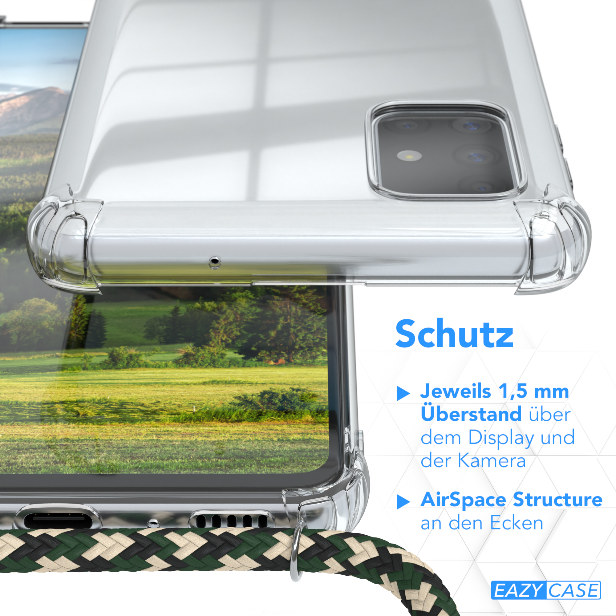 Eine transparente Handyhülle mit Riemen wird gezeigt, mit Text über Schutzfunktionen.