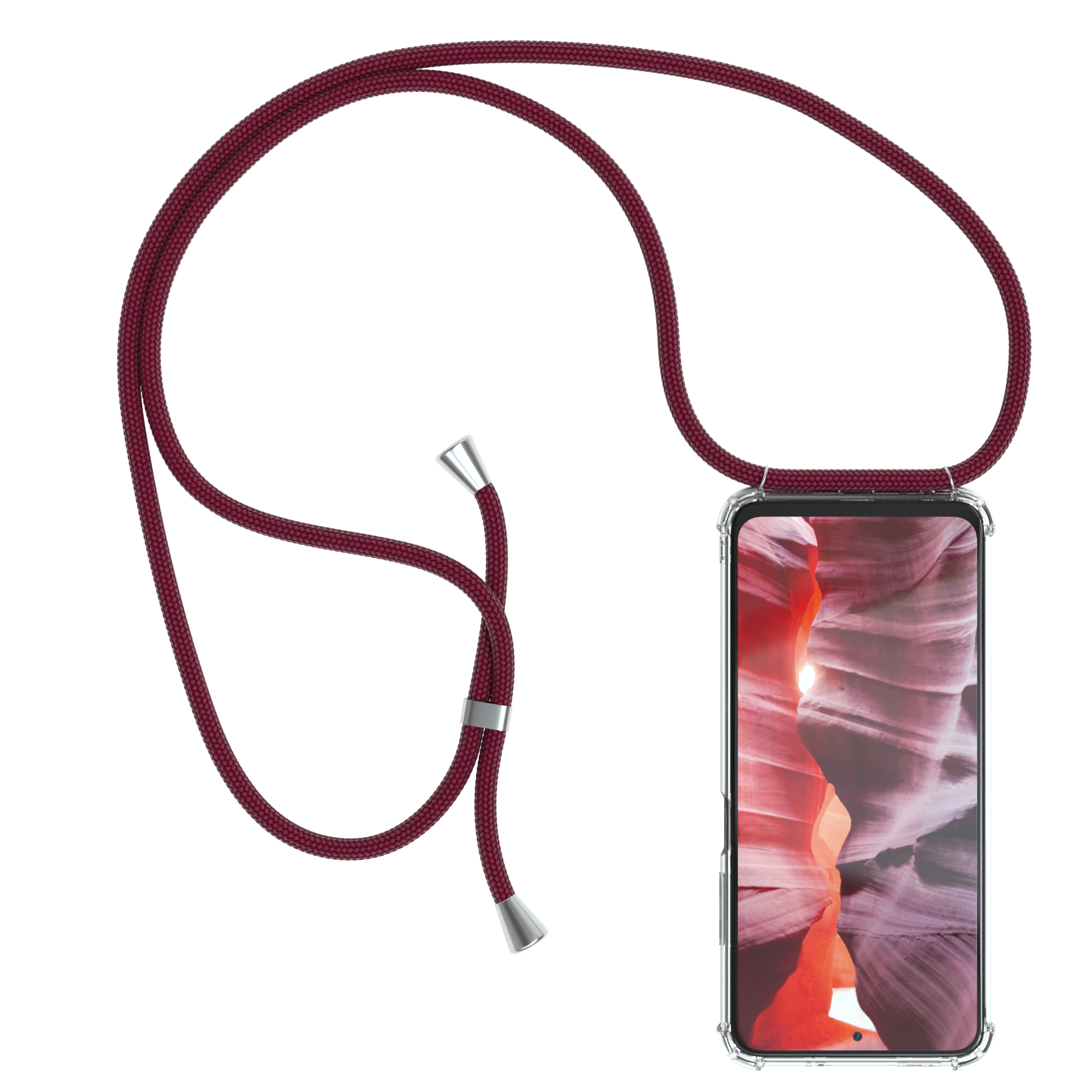 Telefon mit rotem Kordel. Die Handyhülle zeigt eine Canyon-Ansicht. Weißer Hintergrund.