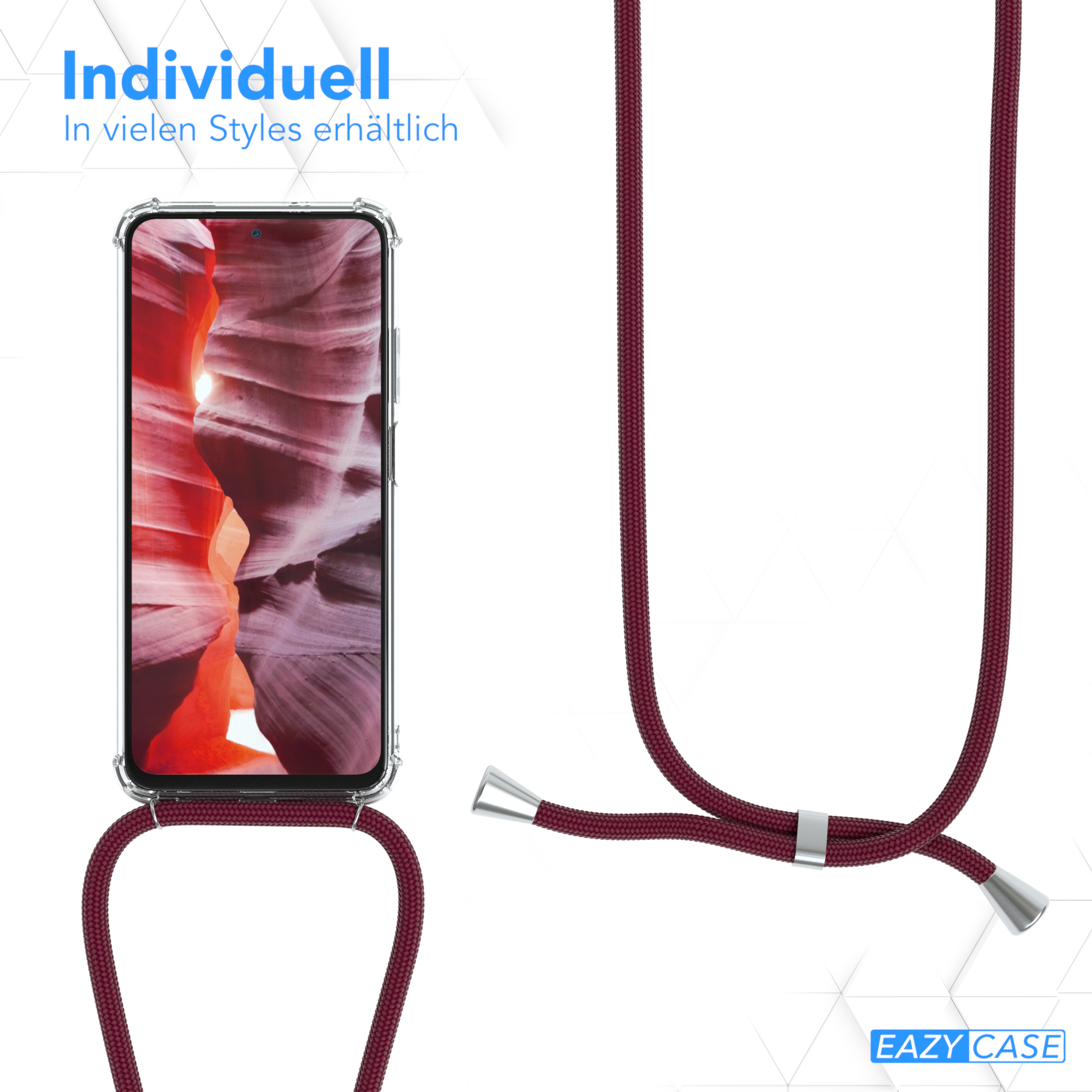 Telefon in einer Hülle mit Riemen, rotes Kabel. Das Telefon befindet sich vor einem Canyon-Bild. Nahaufnahme.