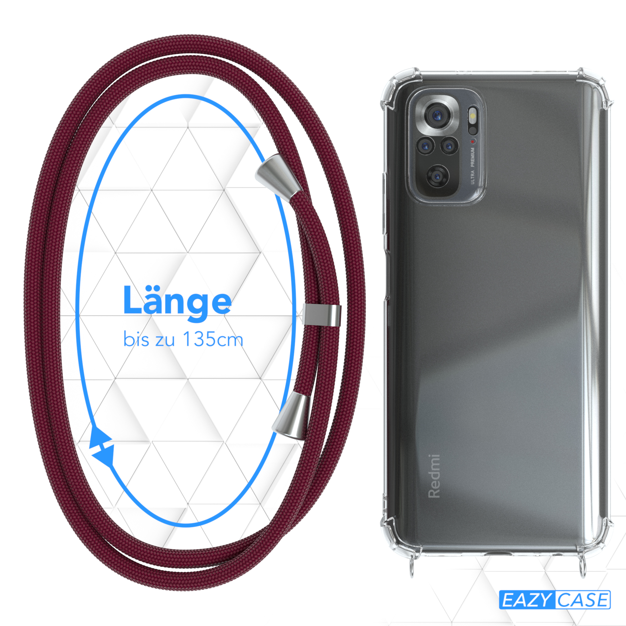 Handyhülle mit Kordel, rote Farbe. Das Telefon ist im Hintergrund sichtbar.